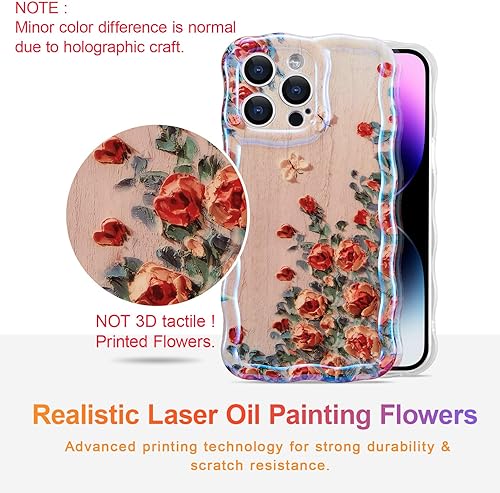 Miniatura 2 de EYZUTAK Funda para iPhone 12 Pro Max, colorida pintura al óleo retro impresa flor patrón brillante láser lindo borde ondulado rizado exquisita