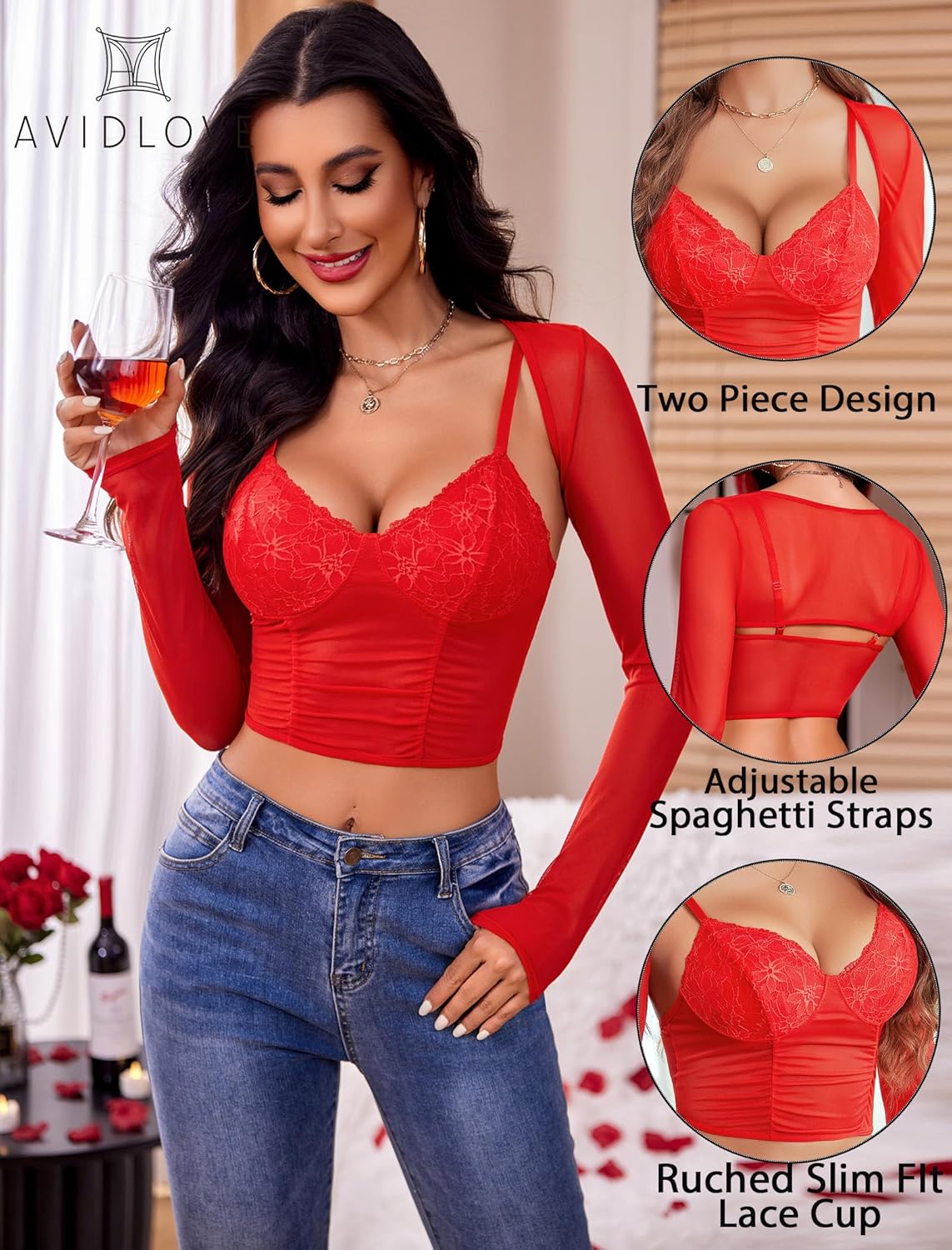 Avidlove Mesh Crop Top with Shrug Long Sleeve Sheer Top Sexy Low Cut Shirt Going Out 2 Pieces Clubwear - Image 6