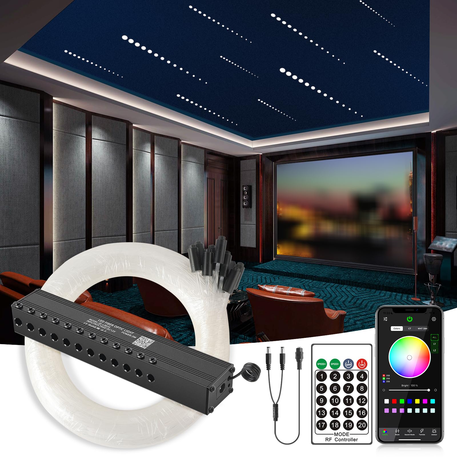 SUNKENET Meteor 3W 96pcs*0.03in*13.1ft Fiber Optic Lights Kit, 12LEDs Starlight Headliner Kit with Bluetooth APP/Remote Control+DC Power Splitter Cable for Car Roof/Home (Shooting Star Effect only)