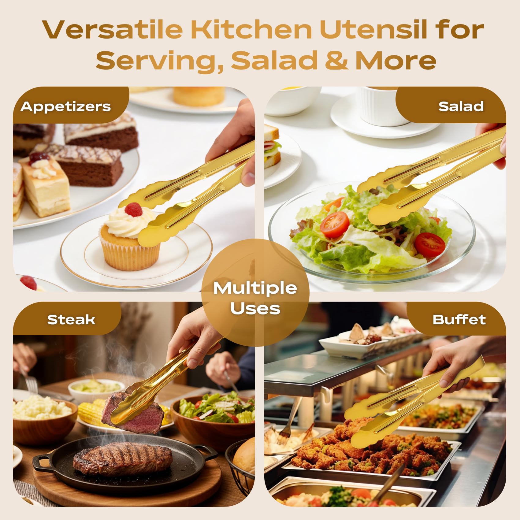 Gold Serving Tongs - 6 Pack Stainless Steel -6