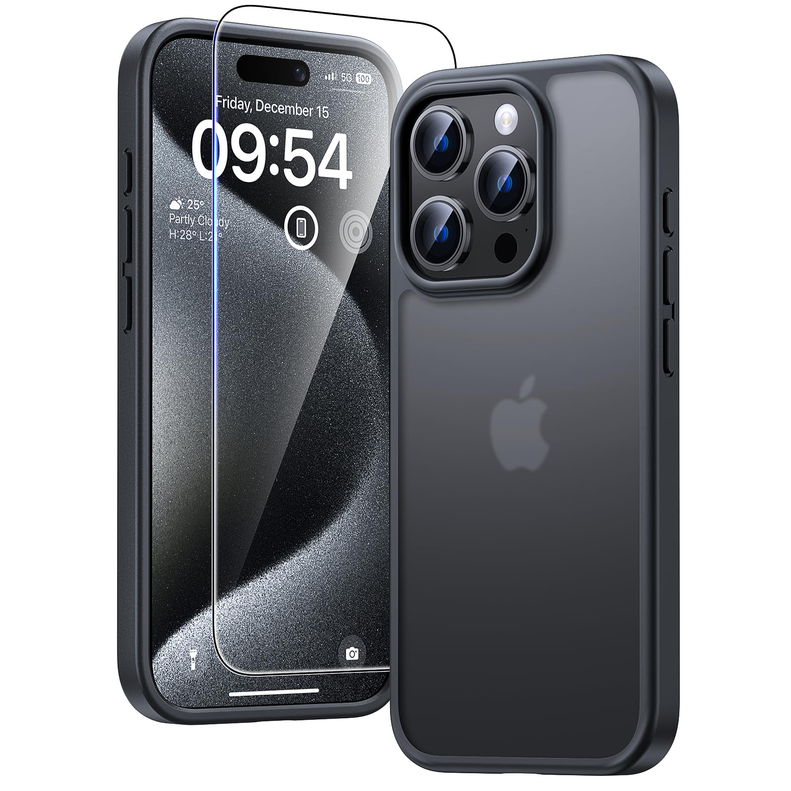 TAURI for iPhone 15 Pro Case Matte Black, Translucent Matte with Screen Protector, [Military Grade Protection] Shockproof Slim Case for iPhone 15 Pro,