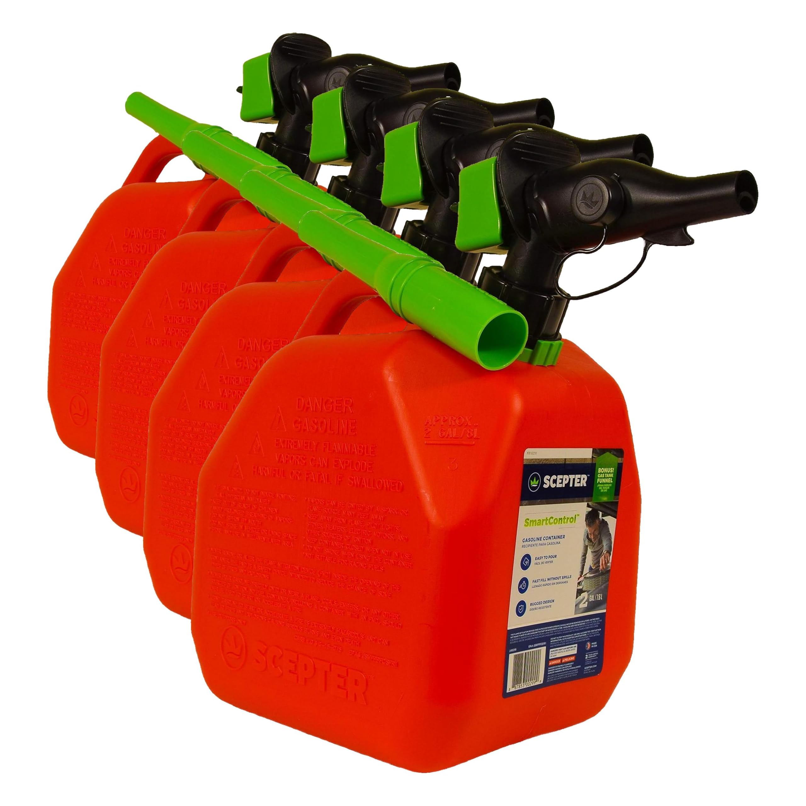 Scepter 2G Gas Can, Spill Proof SmartControl Spout, Spout Extender, 4-Pack