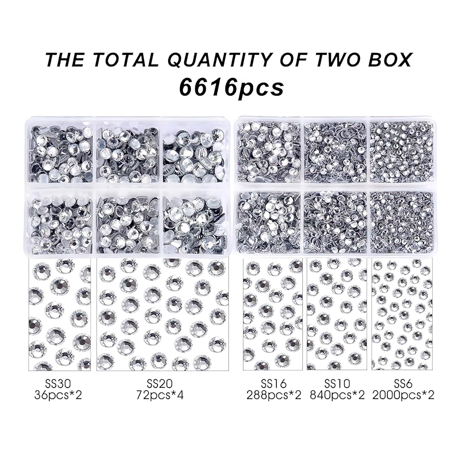 6616 pcs Strass transparents adhésifs à chaud diamants en cristal pour tissus d'habillement, chemises, dos plat, avec pince à épiler et stylo (SS6 ~ SS30)