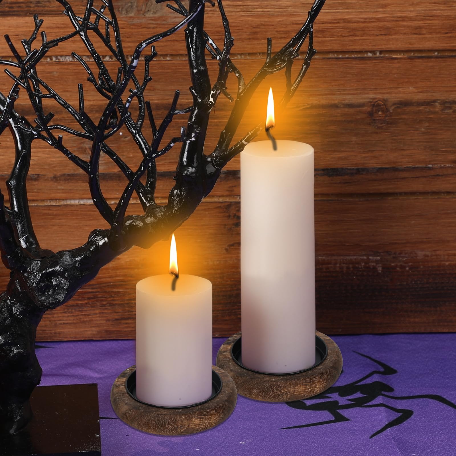 Portacandele In Legno - 2 Pezzi Rotondi Con Vassoio Metallo Per Candele Fino A 10cm