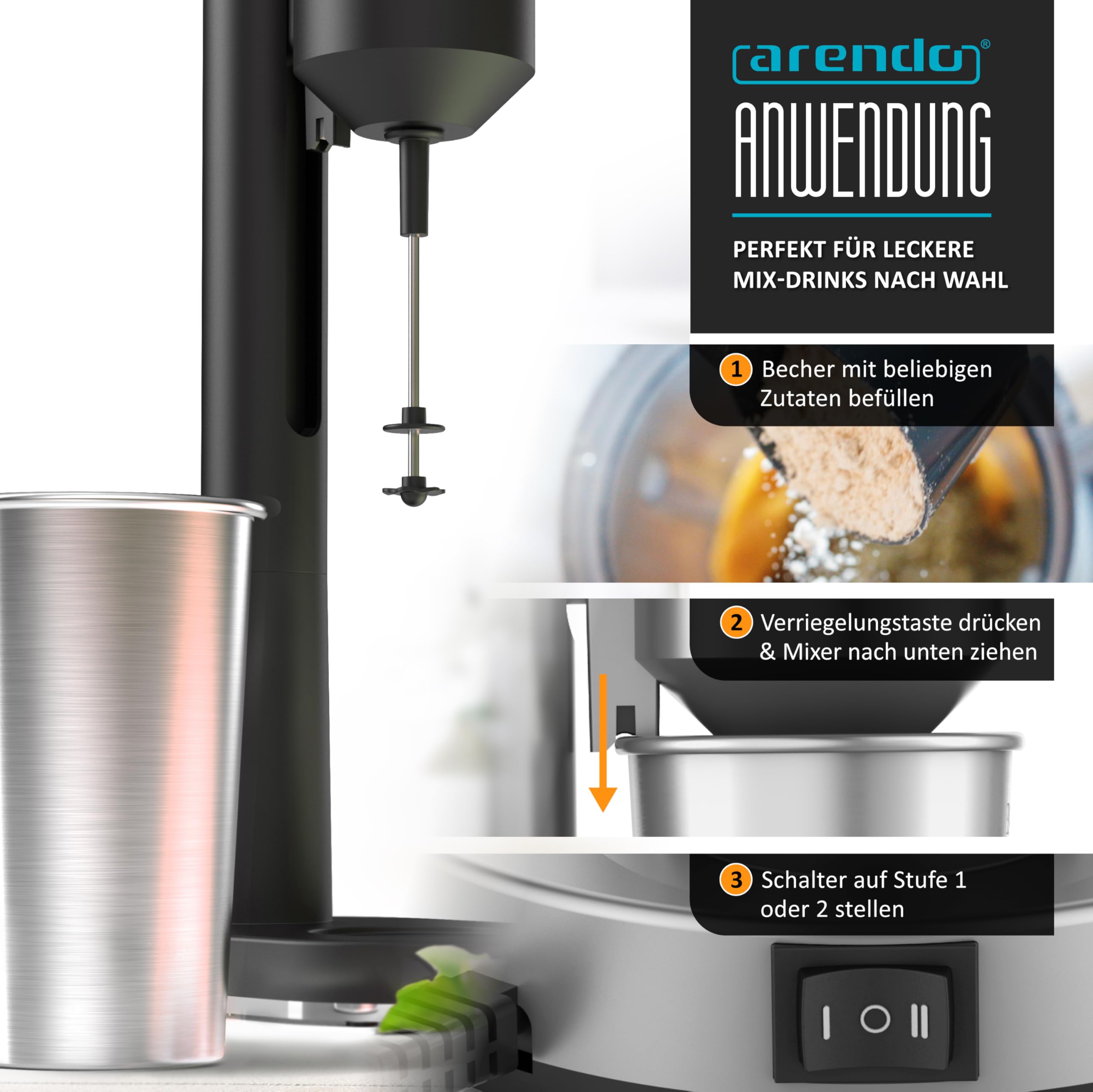 Arendo - Protein Shaker Mixer - Eiweiß Shaker - Metall Eiweißshaker Premium - 500 ml Becher Edelstahl - 22.000 U min - 2 Geschwindigkeitsstufen - Fitness Protein Drinks Smoothies Milchshakes