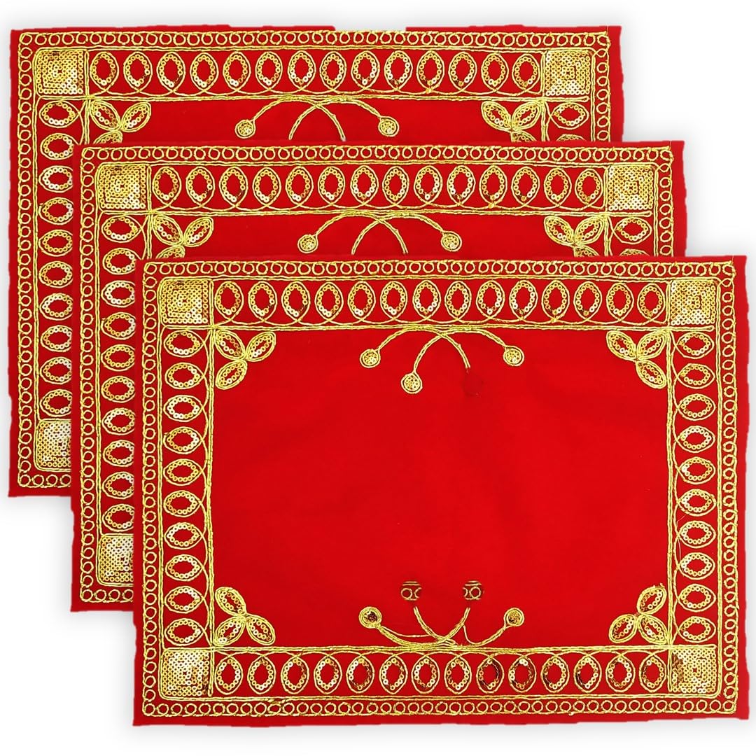 BHAKTI LEHAR - Premium Range Of Pooja Accessories(10 x 14 Inch) Fancy Embroidery Jari Design Red Velvet Aasan Cloth for God Mandir, Idols Sitting, Home Mandir, Temple and Ghar Pack 3