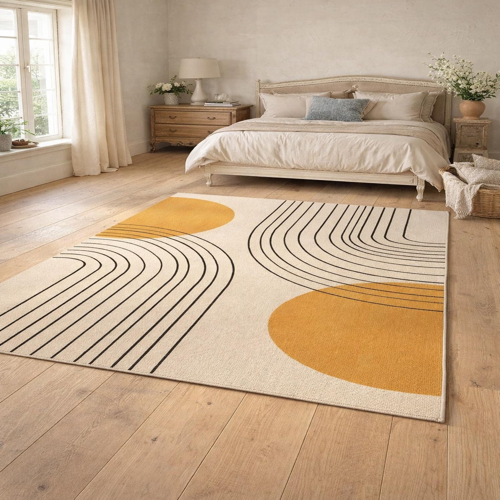 Teppiche Wohndeko für Wohnzimmer Schlafzimmer Aesthetic Room Decor,Modernes geometrisches Muster, Beige, Schwarz, Gelb, 155 x 200 cm