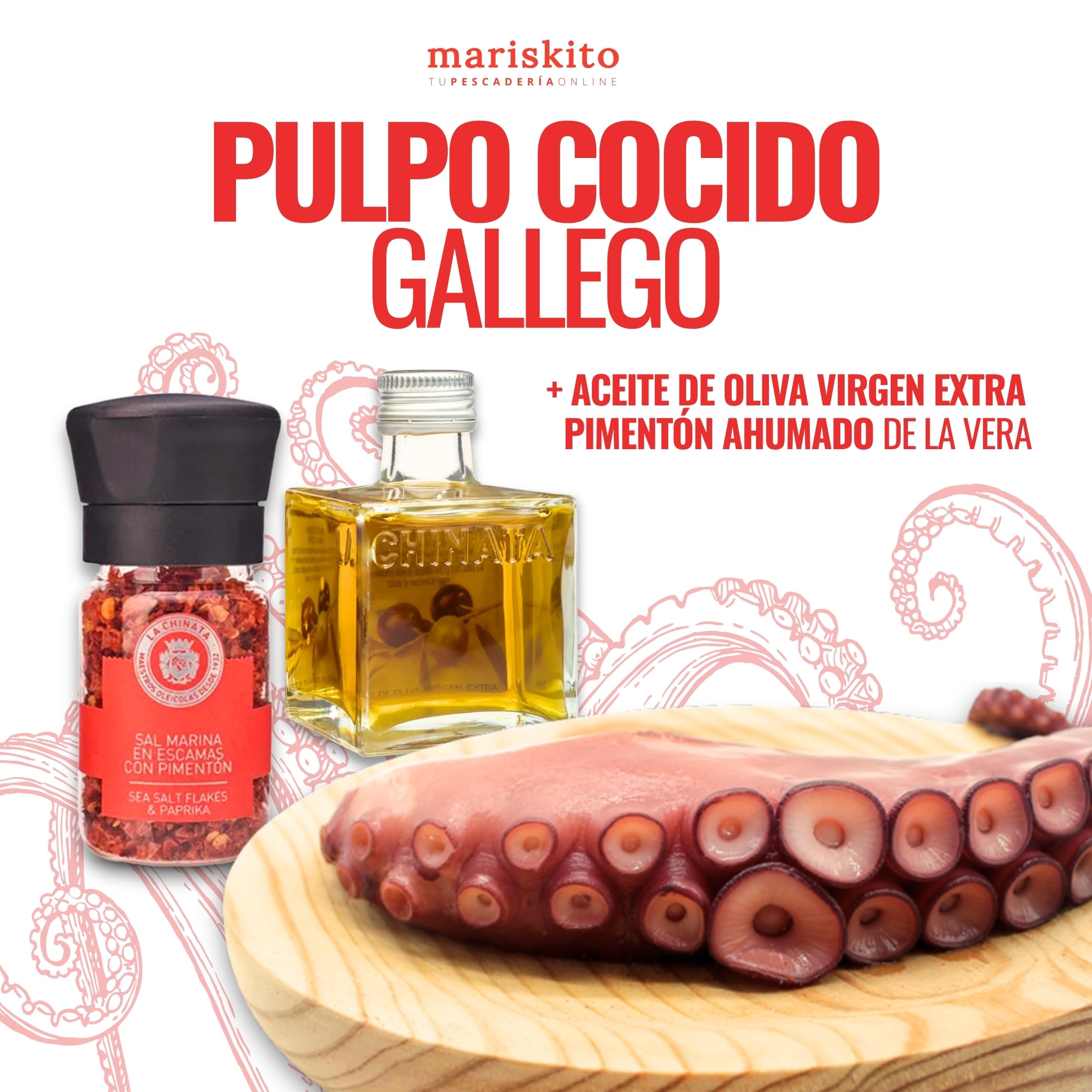 MARISKITO | Pack La Mar de Pulpeiros – Pulpo a la Gallega Cocido - Plato de Madera para Servir Tapa – Aceite Oliva Virgen Extra y Sal Escamas con Pimentón de la Vera Gourmet - Cocinar Receta en 5 min