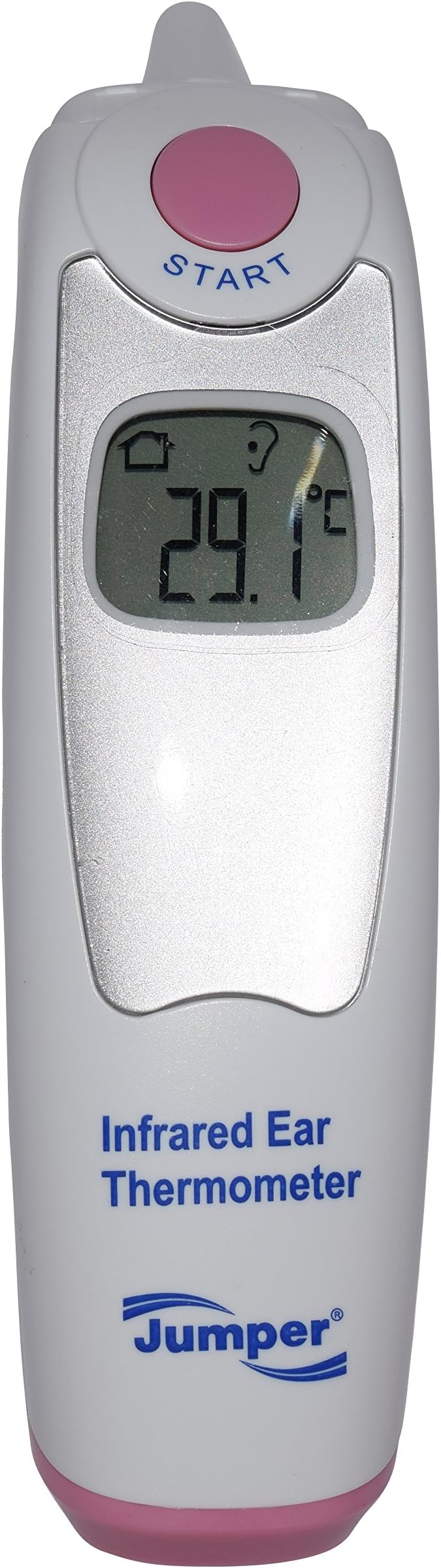 Jumper Medical - JPD-FR301 Digital infrared (IR) ear thermometer with replaceable probe cap, CE, FDA, ISO certified, instrument suitable for babies, toddlers and adults, LCD display with backlight, °F or °C display, memory for 20 measured values, in white-pink colors.