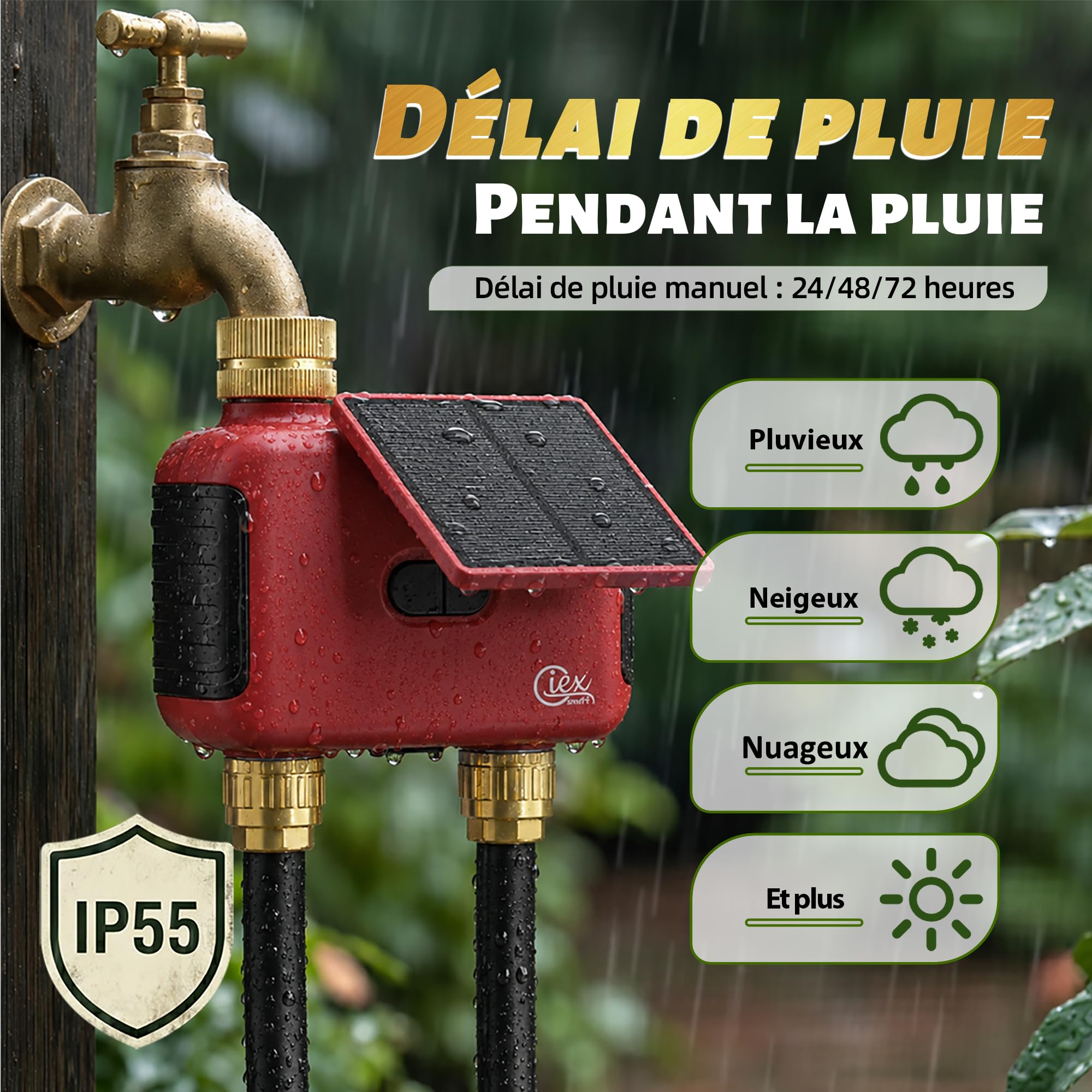 Programmateur d’arrosage WiFi 2 Zones, minuteur d’Eau Solaire Rechargeable Double Sortie, raccords en Laiton, sans hub, Compatible Alexa et Google Assistant