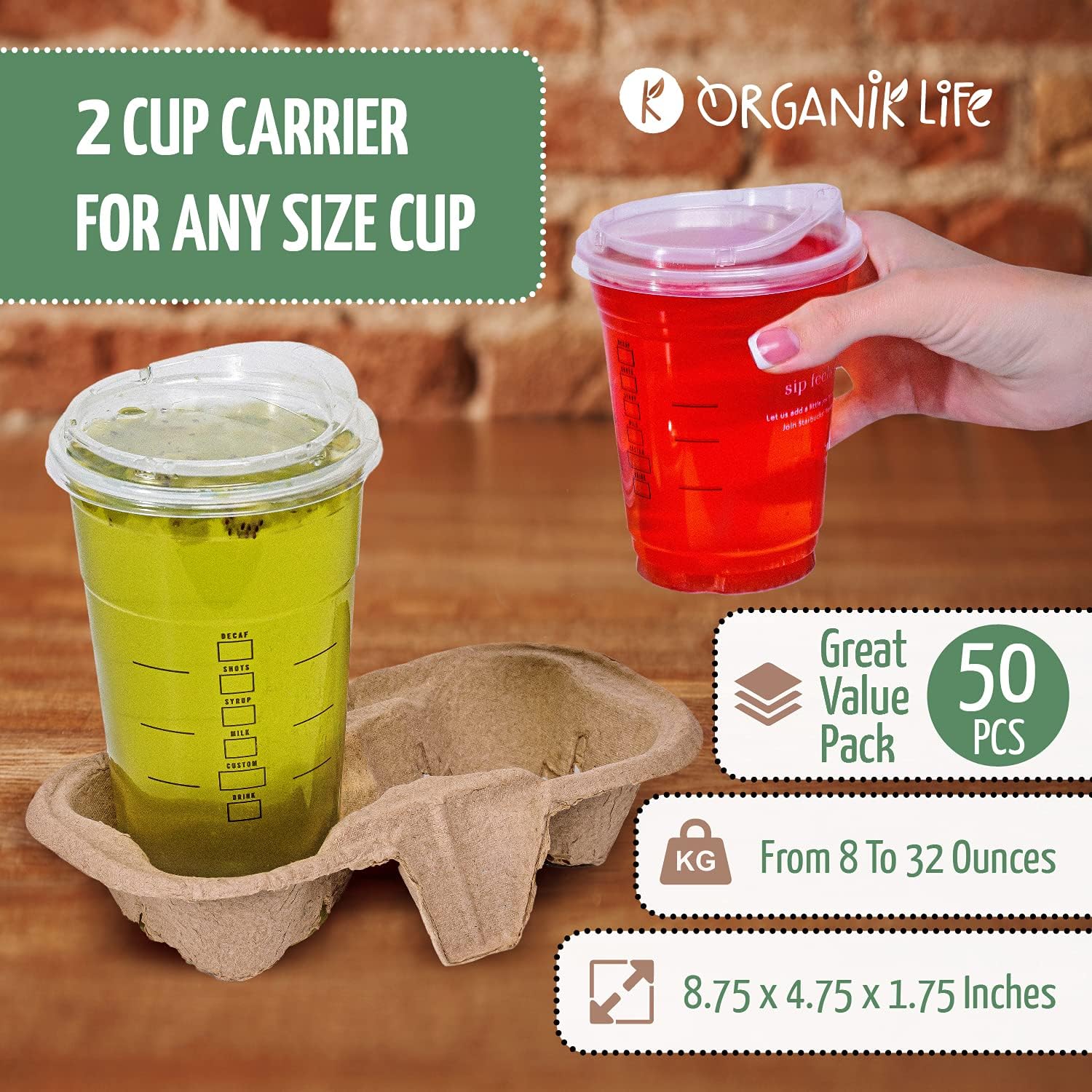 2 Cup Carrier Tray (50-Pack), No-Spill, No-Mess Disposable Cup Holder Tray, Biodegradable, Eco-Friendly Drink Carrier for Delivery of Hot or Cold Drinks, Ideal To Go Drink Holder for Car Food Delivery - Image 2