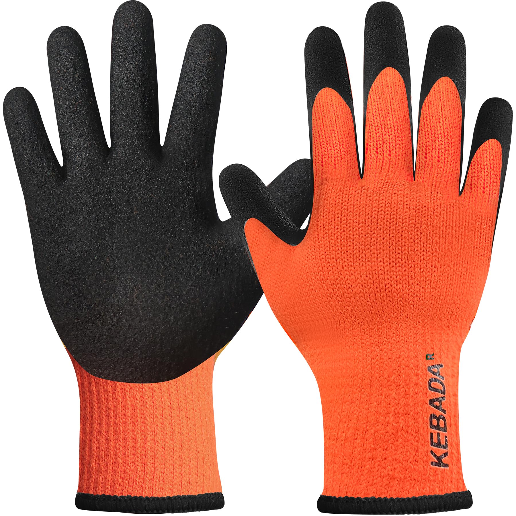 Kebada T3 Winter Work Gloves for Men and Women, Warm Knit Cold Weather Work Gloves, Thermal Insulated Freezer Gloves, 100% Latex Coating Non-slip Grip, Long Wrist Design, 1 Pair, Orange, Large