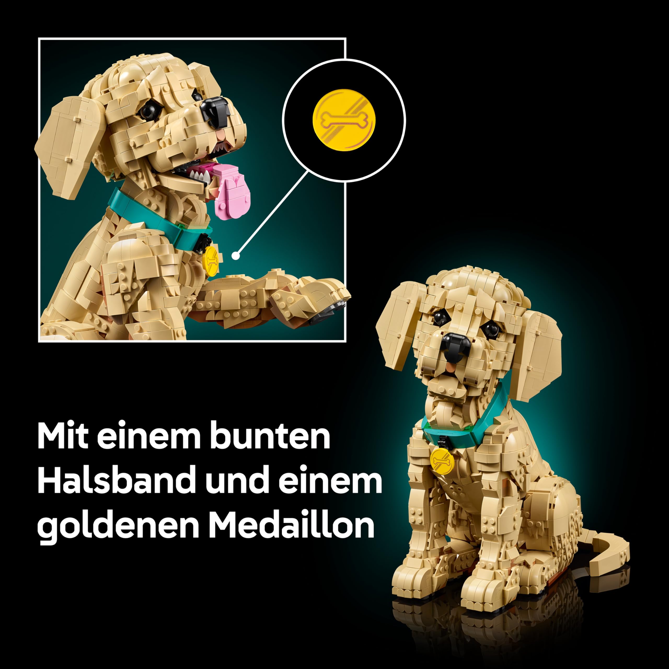 LEGO Icons Golden Retriever Welpe - Modellbau für Erwachsene - 3D Tierfigur zum Ausstellen mit Halsband & Medaille - DIY Deko für Regal oder Schreibtisch - Geschenkidee für Kunst- & Bastelfans - 11384