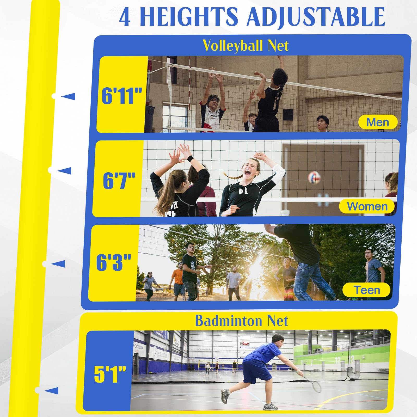 Volleyball Poles,Volleyball Net for Backyard with Poles Indoor&Outdoor Badminton Nets,5ft-6.8ft Adjustable Height for Courtyard School Stadium