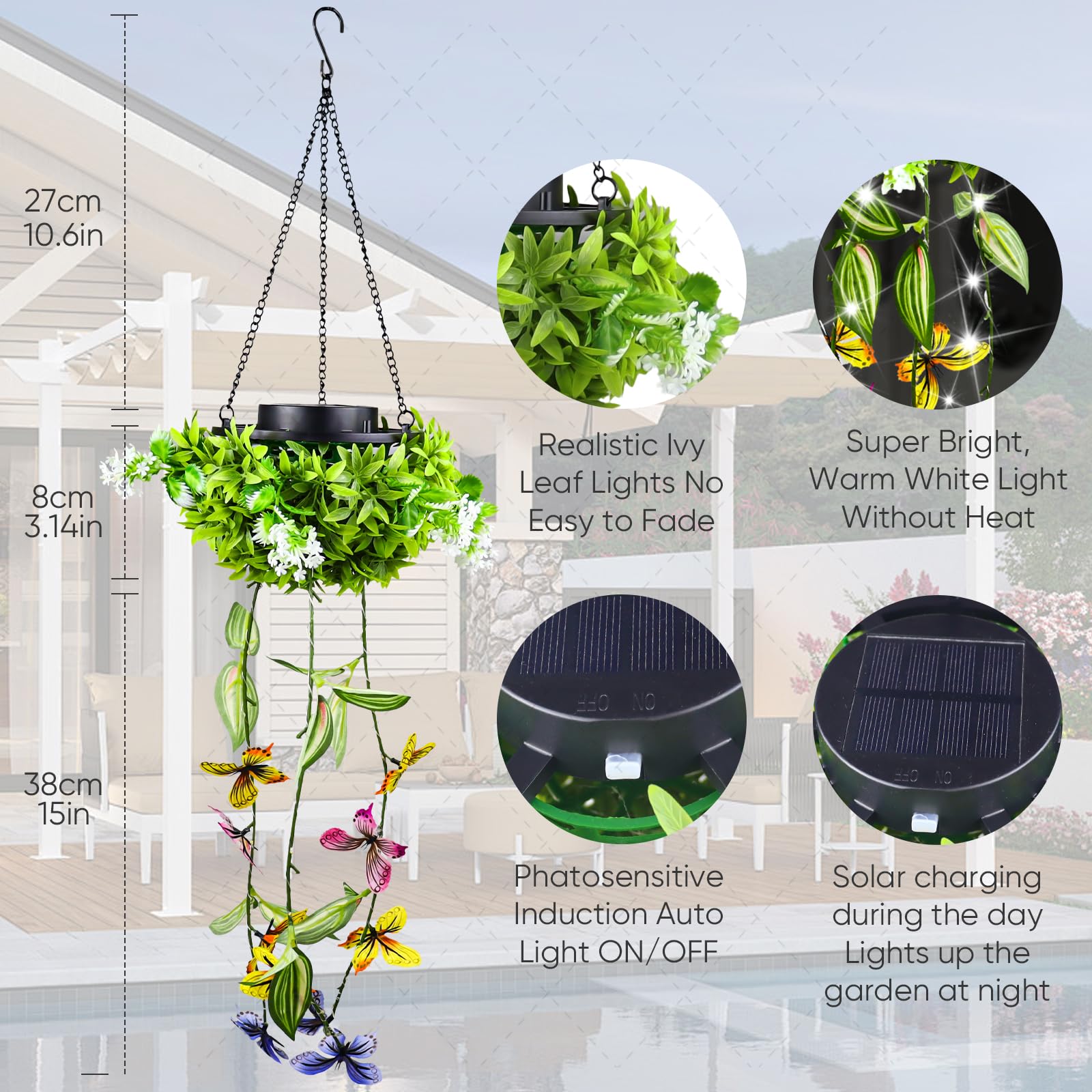 Lampy solarne do użytku na zewnątrz, wiszące, 2 sztuki, 66 diod LED, sztuczne liście motyla, do ogrodu, na werandę, do ogrodu, na werandę, dekoracja weselna