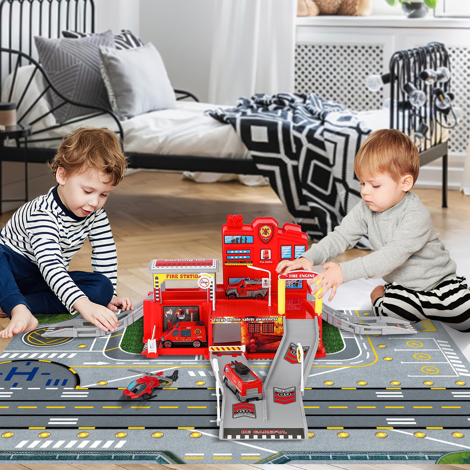 deAO Poste de Pompiers avec Camion de Pompiers, Hélicoptère, Construction d'un Bureau de Pompiers, Ensemble de Base Pompier pour Enfants avec Carte pour Garçons et Filles à partir de 4 5 6 7 Ans