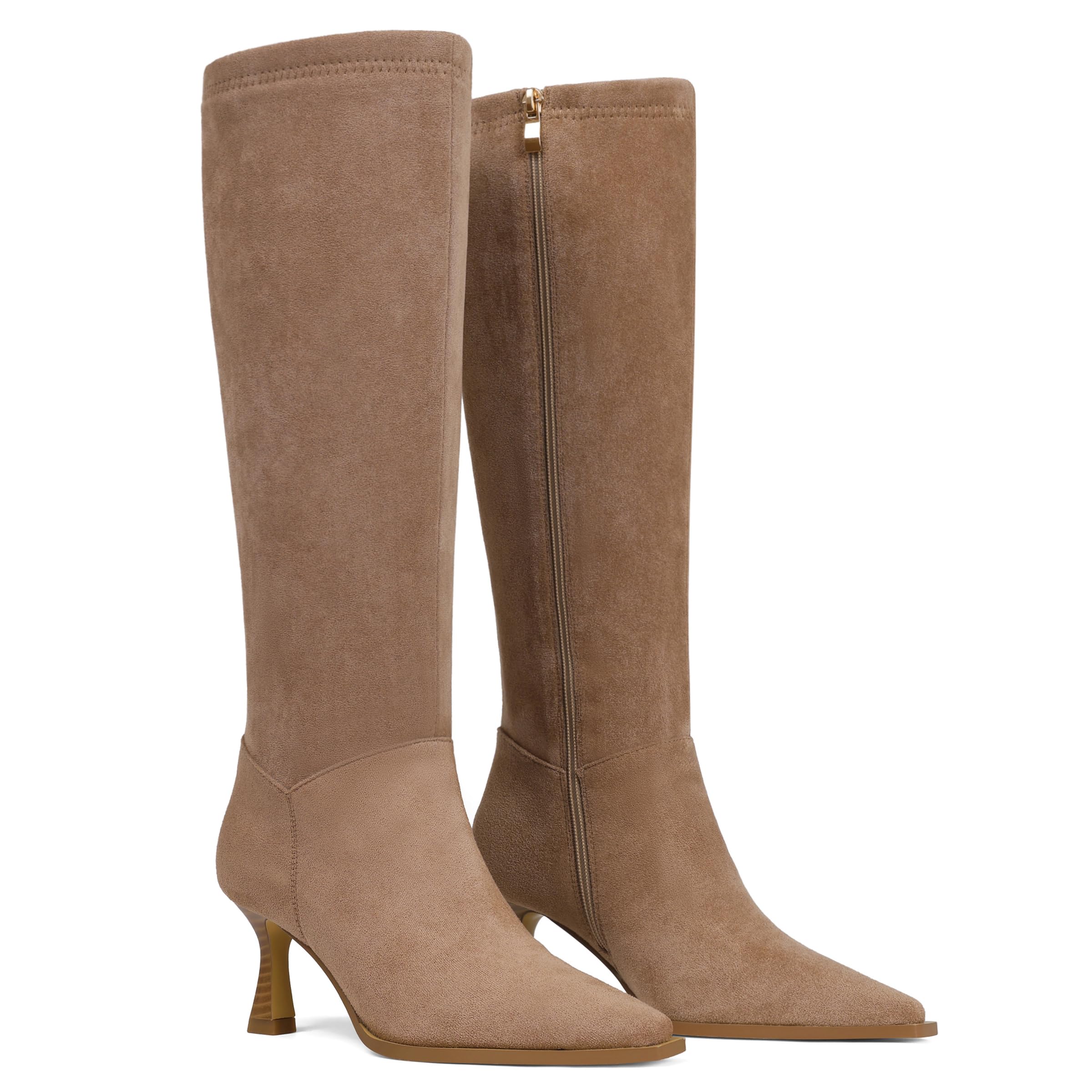 Goiphrri Knee High Boots for Women Elastic Wide Calf Kitten Heel Boots with Side Zipper Pointed Toe Stiletto