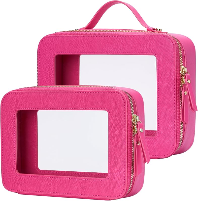 Popvibe Necessaire de Maquiagem Transparente com Zíper, Conjunto com 2, Hot Pink, Tamanho Médio e Grande