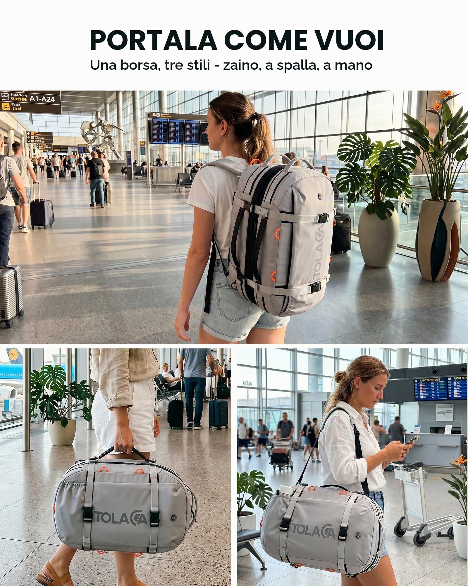 Tolaccea 40L-50L Zaino Viaggio Aereo Bagaglio a Mano, Adatto alla TSA Zaini da Viaggio, Zaino Porta PC 15.6 Pollici, Espandibile Borse da Cabina per Uomo Donna Viaggi Escursioni Campeggio