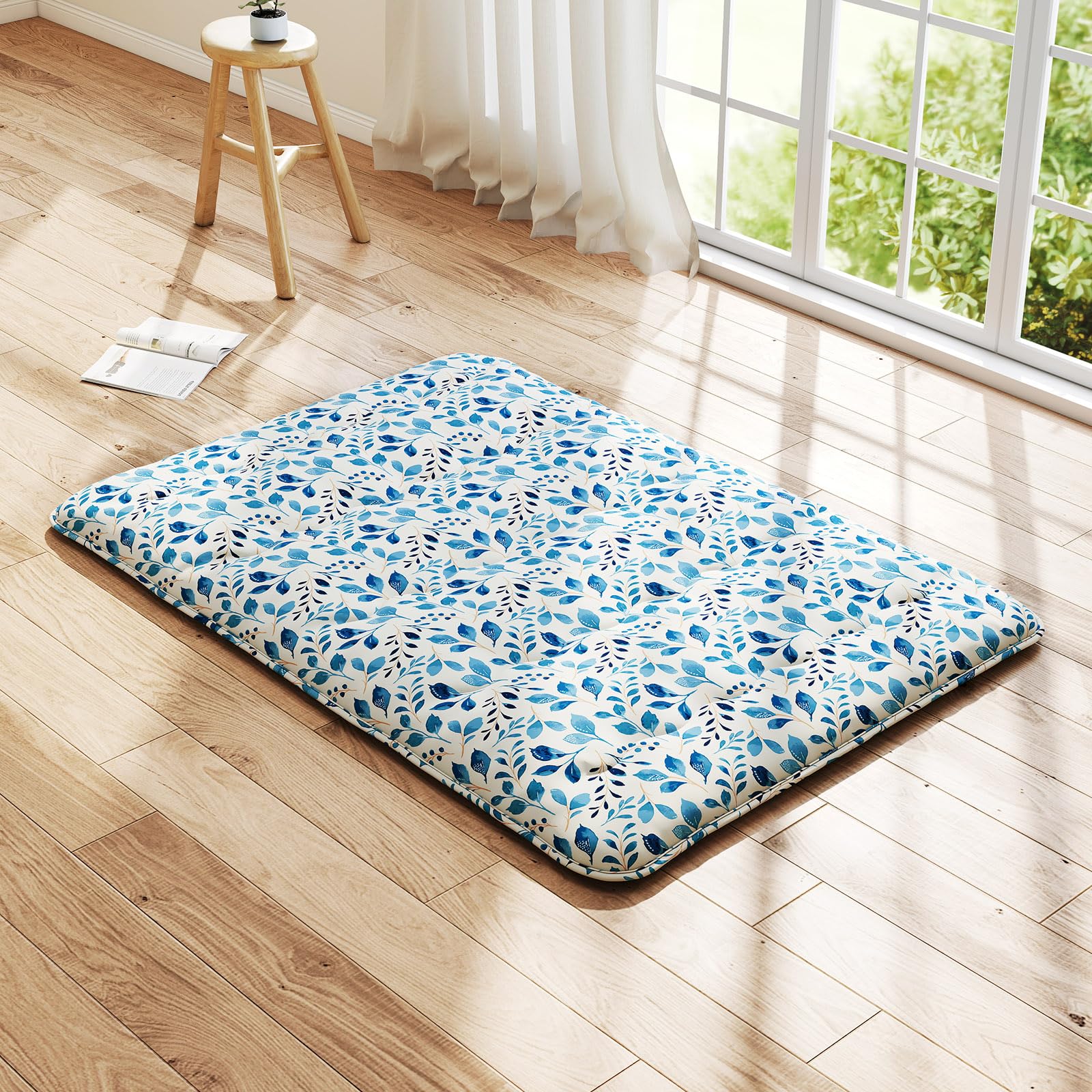 RELAX4LIFE Japanese Floor Mattress, 10cm Thick Folding Roll Up Futon Mattress Sleeping Pad with Washable Cover & Carry Bag, Tatami Mat Lounger Bed Mattress for Camping (Blue Leaves, Small Double)