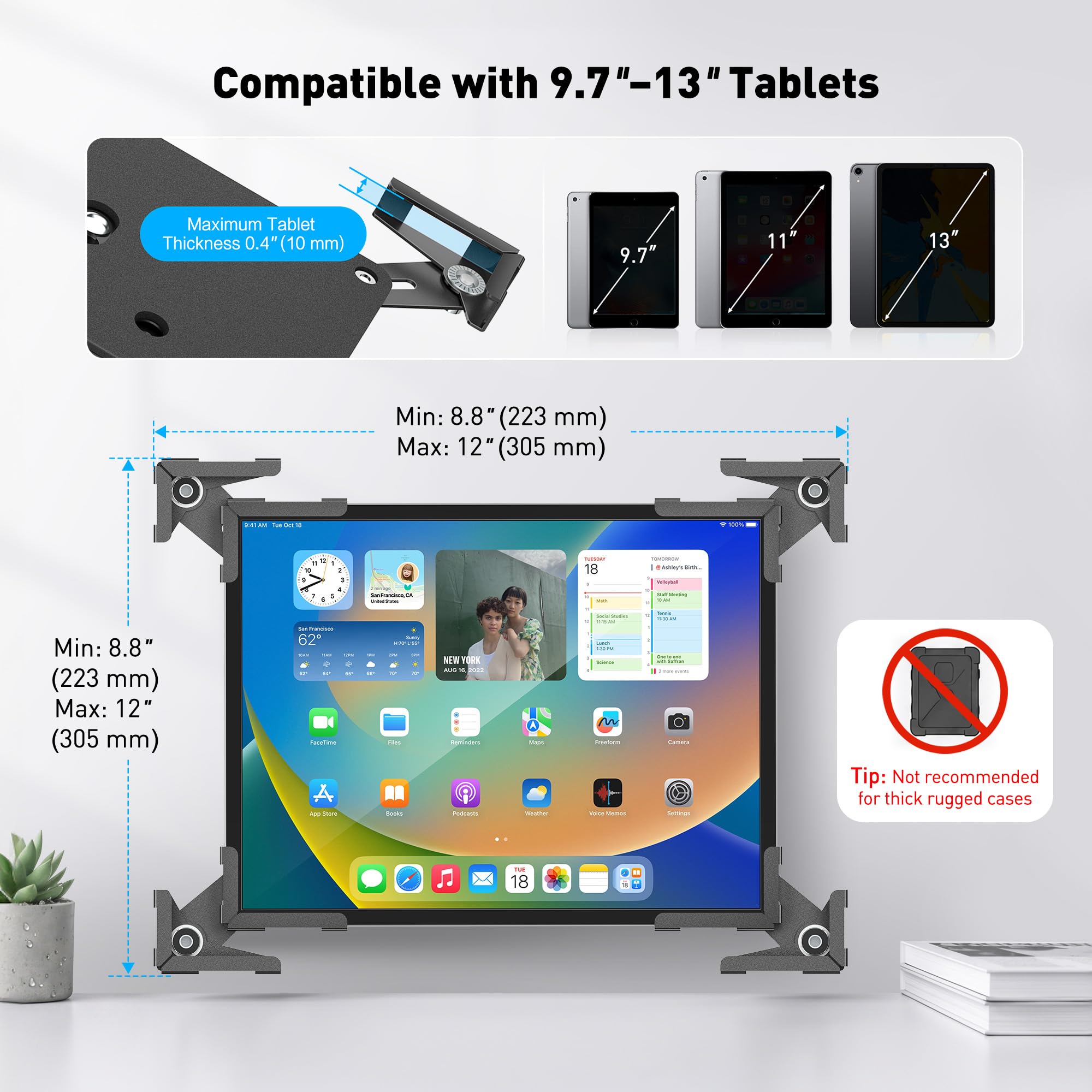 AboveTEK Uchwyt ścienny do tabletu z ochroną przed kradzieżą, zamykany uchwyt stalowy obracany o 360°, odpowiedni do tabletów 9,7-13", do odbioru, sali konferencyjnej, kasy/POS i handlu detalicznego
