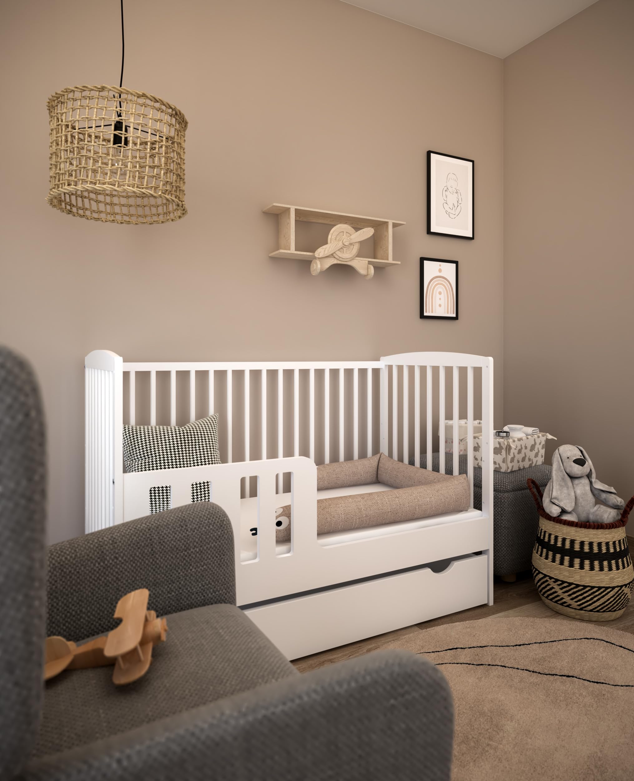 zee Cuna para Bebé 120 x 60 cm Blanca con Cajón y Barandilla de Seguridad Altura Ajustable en 3 Niveles Cuna Infantil de Madera de Pino
