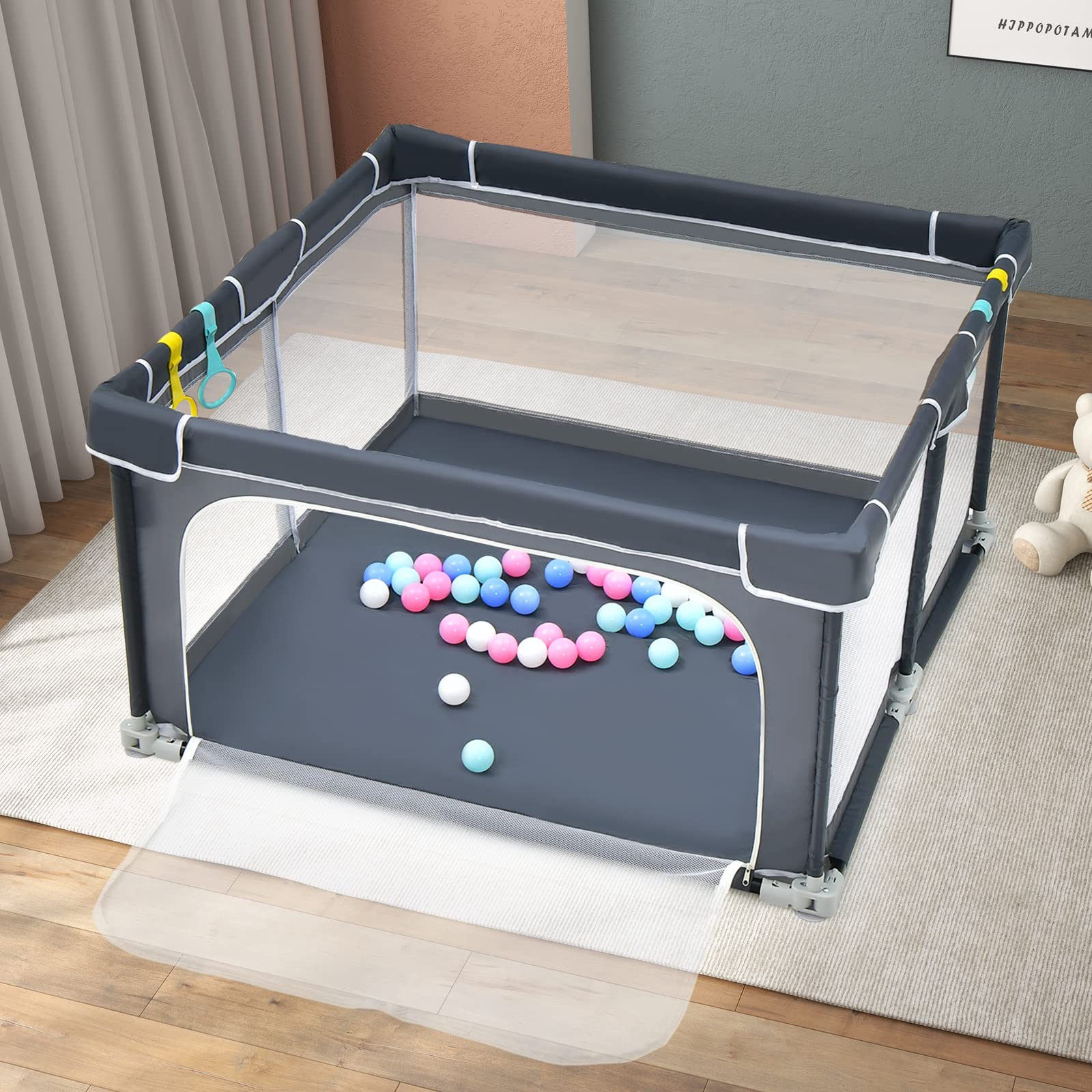 COSTWAY Parque Infantil Bebe Plegable, Parque de Juegos para Bebé, 124x124x70cm, Corralito Bebe con Malla Transpirable y Ventosas Antideslizantes, 50 Bolas, 4 Anillos de Agarre (Gris Oscuro)