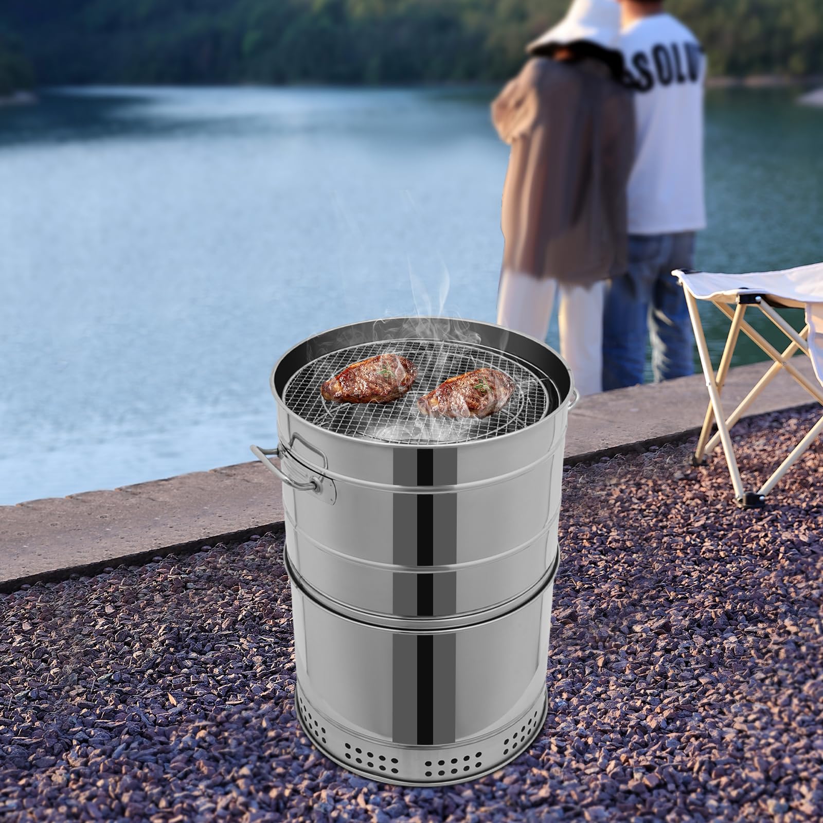 Vertical Charcoal Smoker, Round Stainless Steel BBQ Grill for Camping Grill Picnic Patio Backyard, Smokeless, D*H: 16.14 * 25.98in, Father's Day Grill Kit