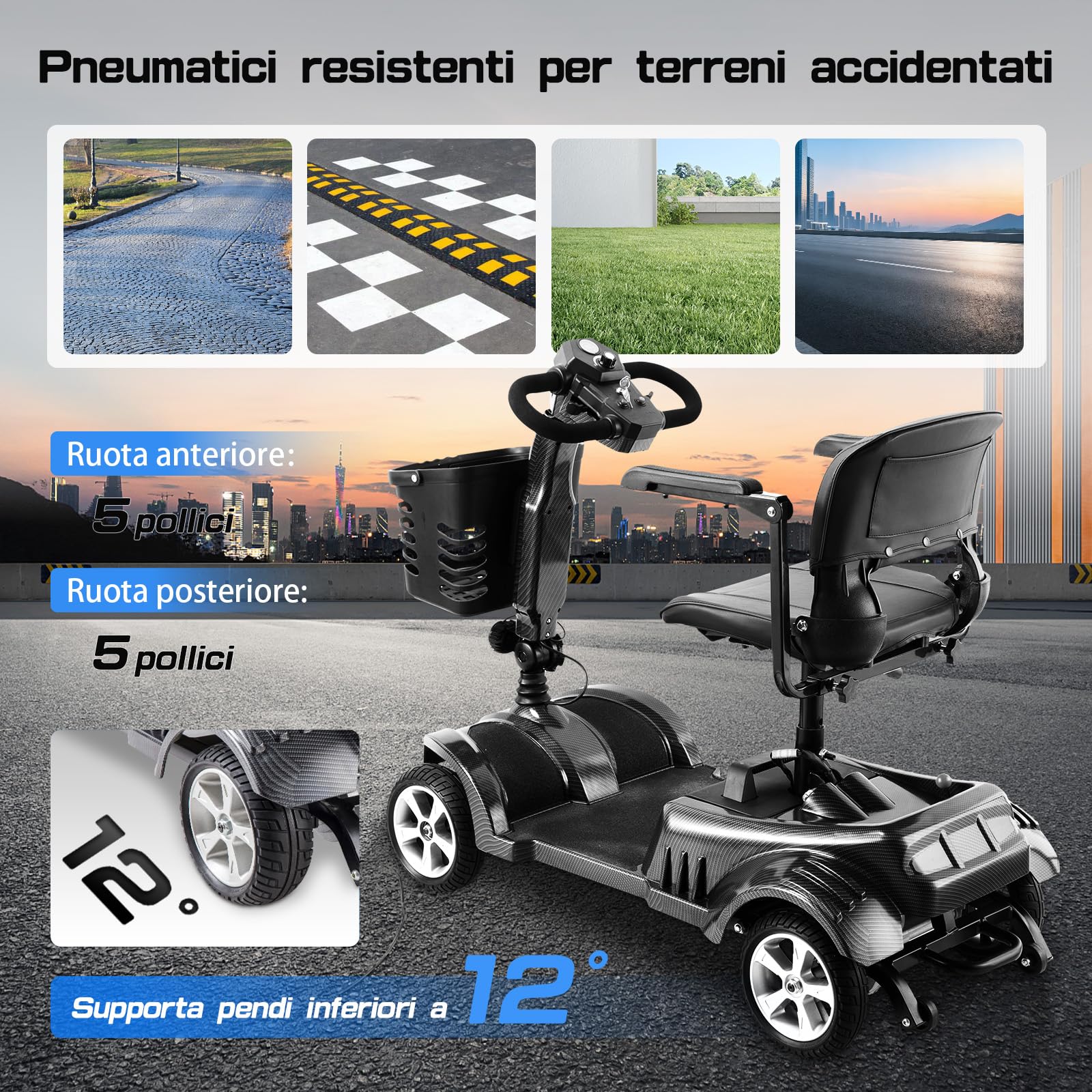 Z02 Scooter disabili pieghevole, sistema antiribaltamento, autonomia di 20 km, luci LED, cestino rimovibile, stabile e pratico, adatto agli anziani, garanzia di 5 anni - Nero