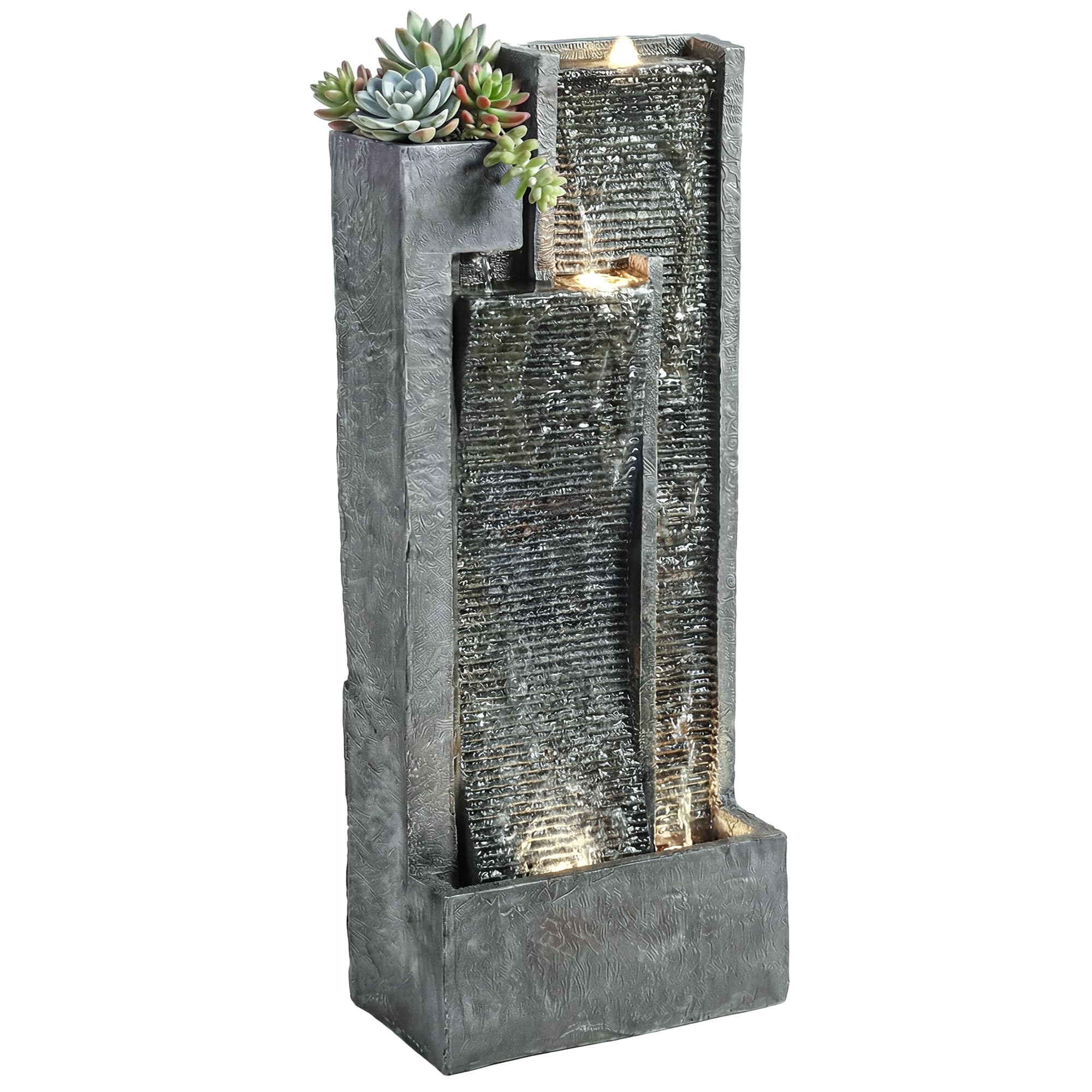 Outsunny Fontaine de Jardin extérieure Cascade 3 Niveaux - Fontaine Eau avec jardinière et Mur d'eau Moderne - 101 cm Grande décoration terrasse Zen Lumineuse 24 LED Gris
