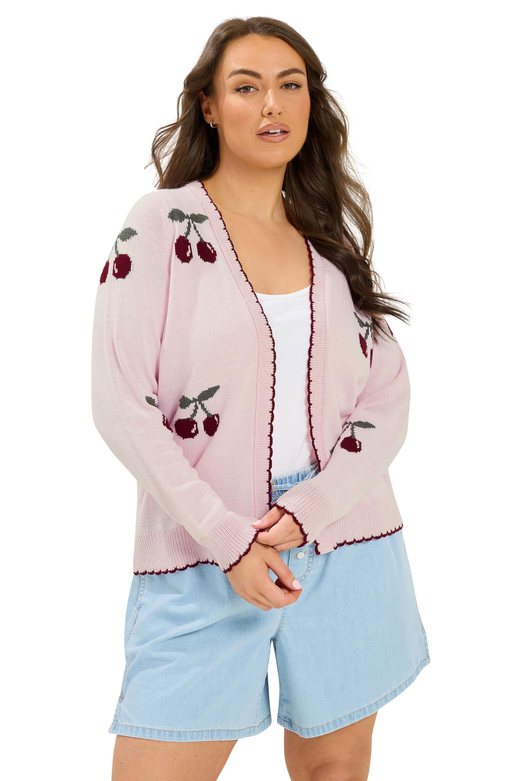 Yours Women's Cardigan - Cherry Design - Scallop Hem - Light Pink - Size 22-24