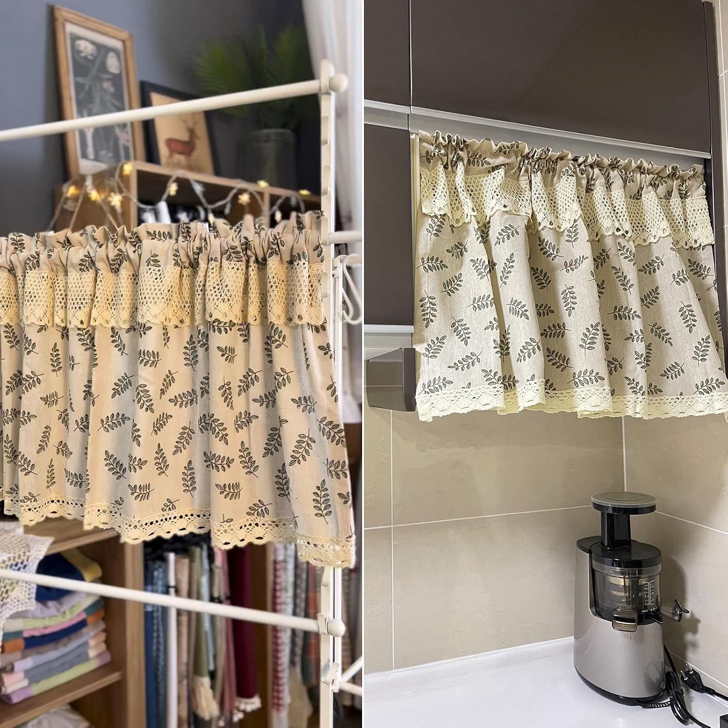 Cotton linen Short Kitchen Curtain, Small leaf print half Curtains Valance for Cafe, Bistro, Bedroom, Bathroom, Window Decor Blackout Panel Rod Pocket Country style ( Size : W140xH210cm/55x82.6in )