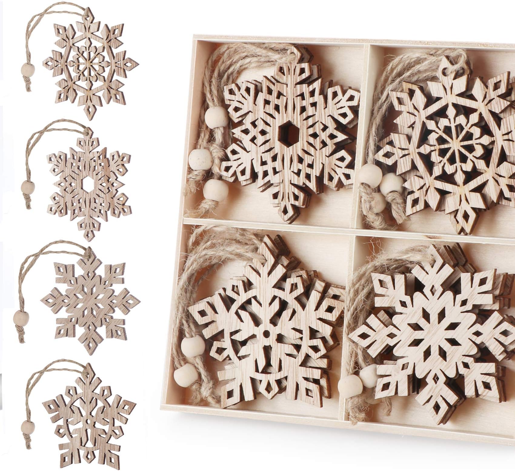 Wooden Snowflakes 16 Pcs Christmas Ornaments Rustic Christmas Tree Hanging Decorations Ornament Craft Gift Embellishments
