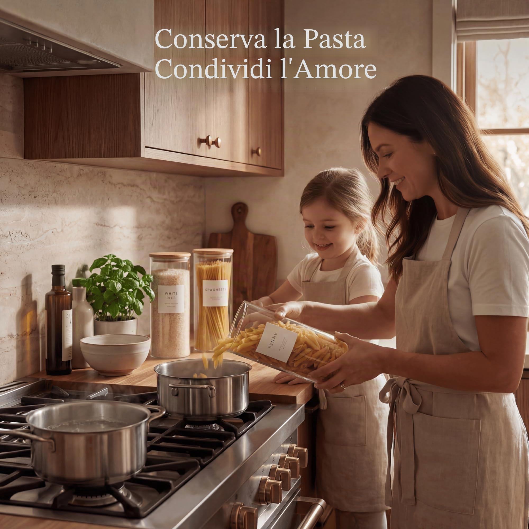 Livabl Set di 3 barattoli in vetro di bambù con coperchi ed etichette, 2,2 l, per spaghetti, pasta, avena, cereali, riso, contenitori da cucina