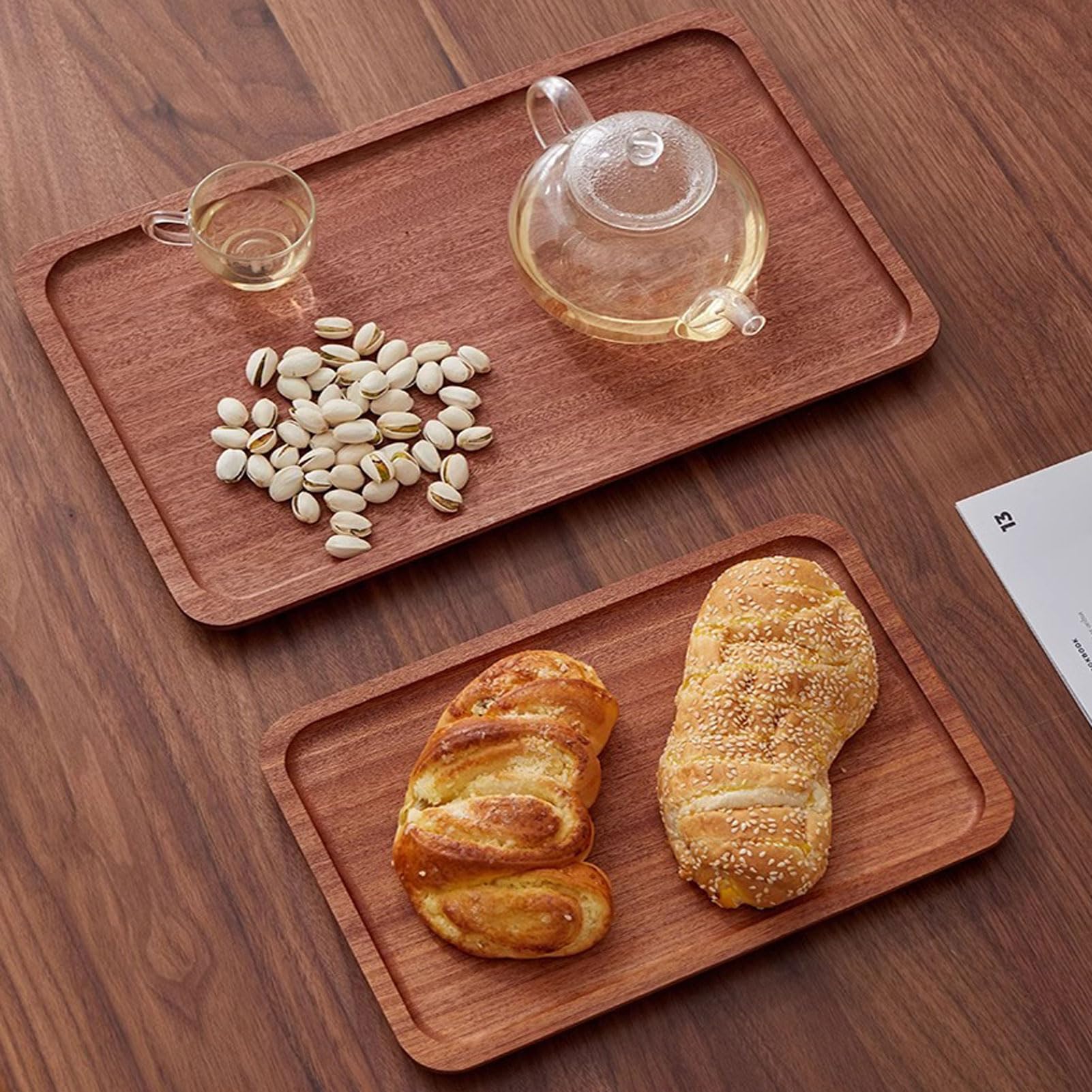 HUHJYUGE Bandeja de Madera, Bandeja de Cocina, Bandejas para Servir Comida, Bandeja Madera Decorativa Rectangular/Redonda, Bandeja para Desayuno, Té, Mesa de Café (Rectangular/40x25x2cm)