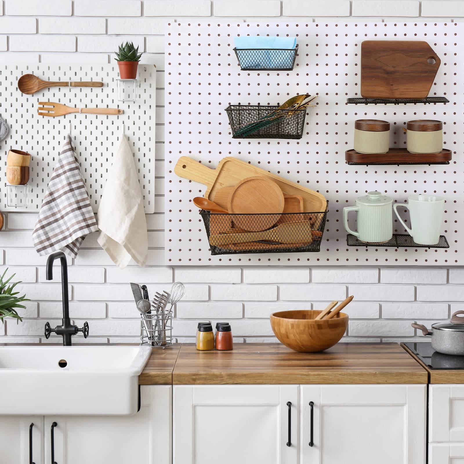 6 Pieces Pegboard Basket Organizer Pegboard Hook Peg Board Rack Wire Peg Board Shelf Wall Organizer Multiple Size Peg Board Accessories for Organizing Various Tool Workbench Garage Storage, Black