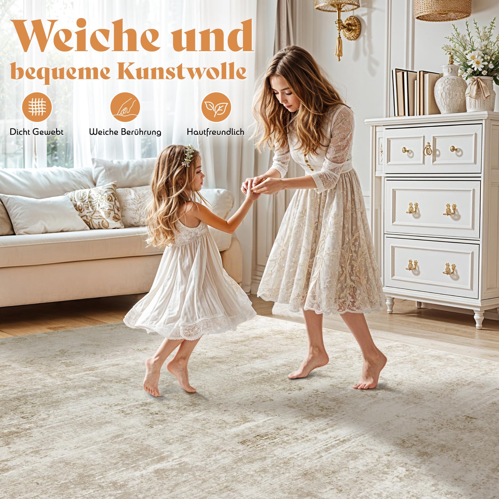 DEITAS Modernem Abstrakte Teppich Wohnzimmer 160x230cm, Ultraweicher Kunstwolle Kurzflor Carpet, Waschbar rutschfest Teppich für Schlafzimmer und Esszimmer, Büro, Beige