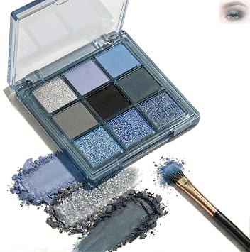 Cool Toned Blue Eyeshadow Palette 9 Colors - Matte Shimmer Glitter Silver Grey Navy Black Eye Shadow - Highly Pigmented Waterproof Smudge Proof Smoky Makeup Palettes for Party Stage Travel