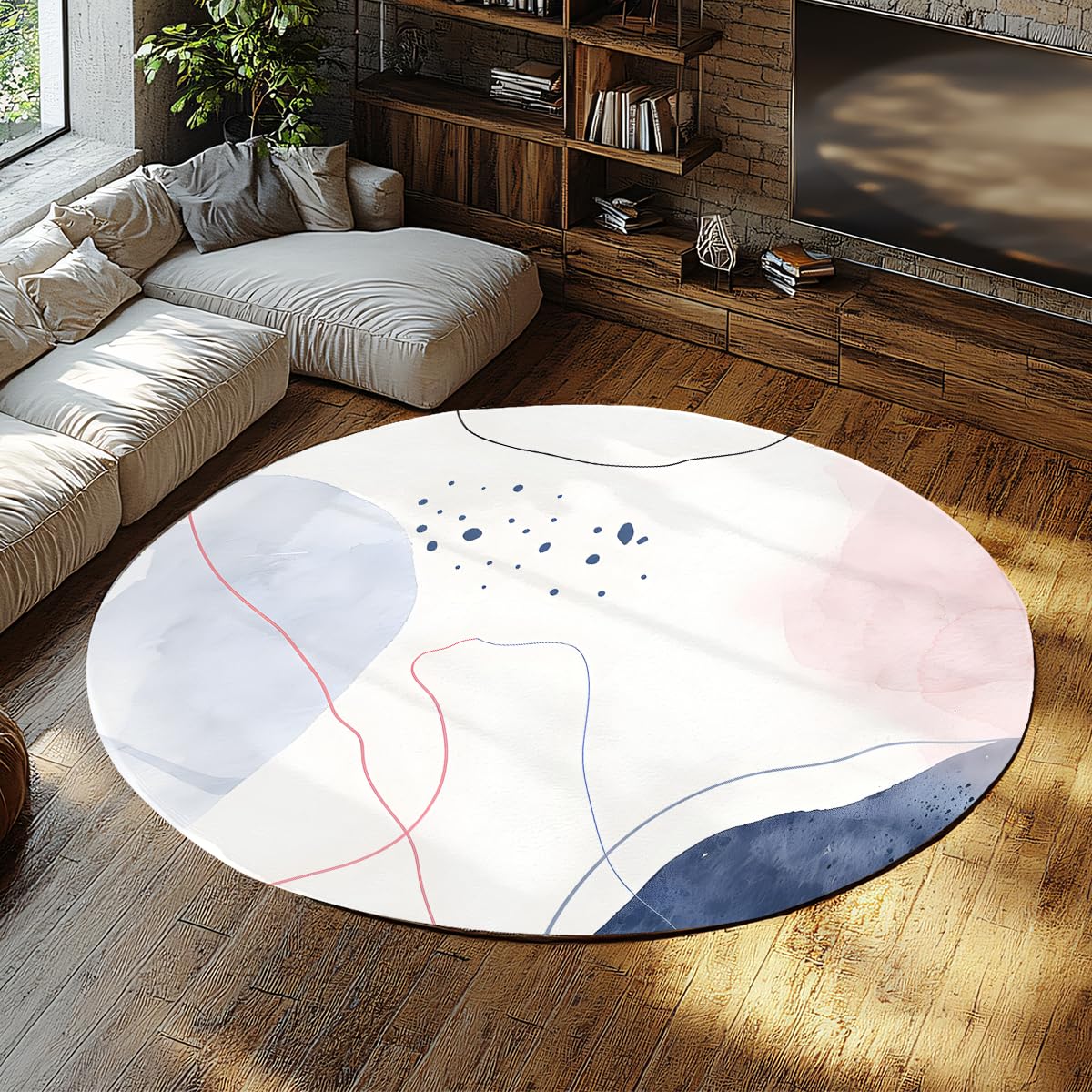 Tapis rond 180cm abstrait bleu rose moderne style Europe du Nord lavable pour salon