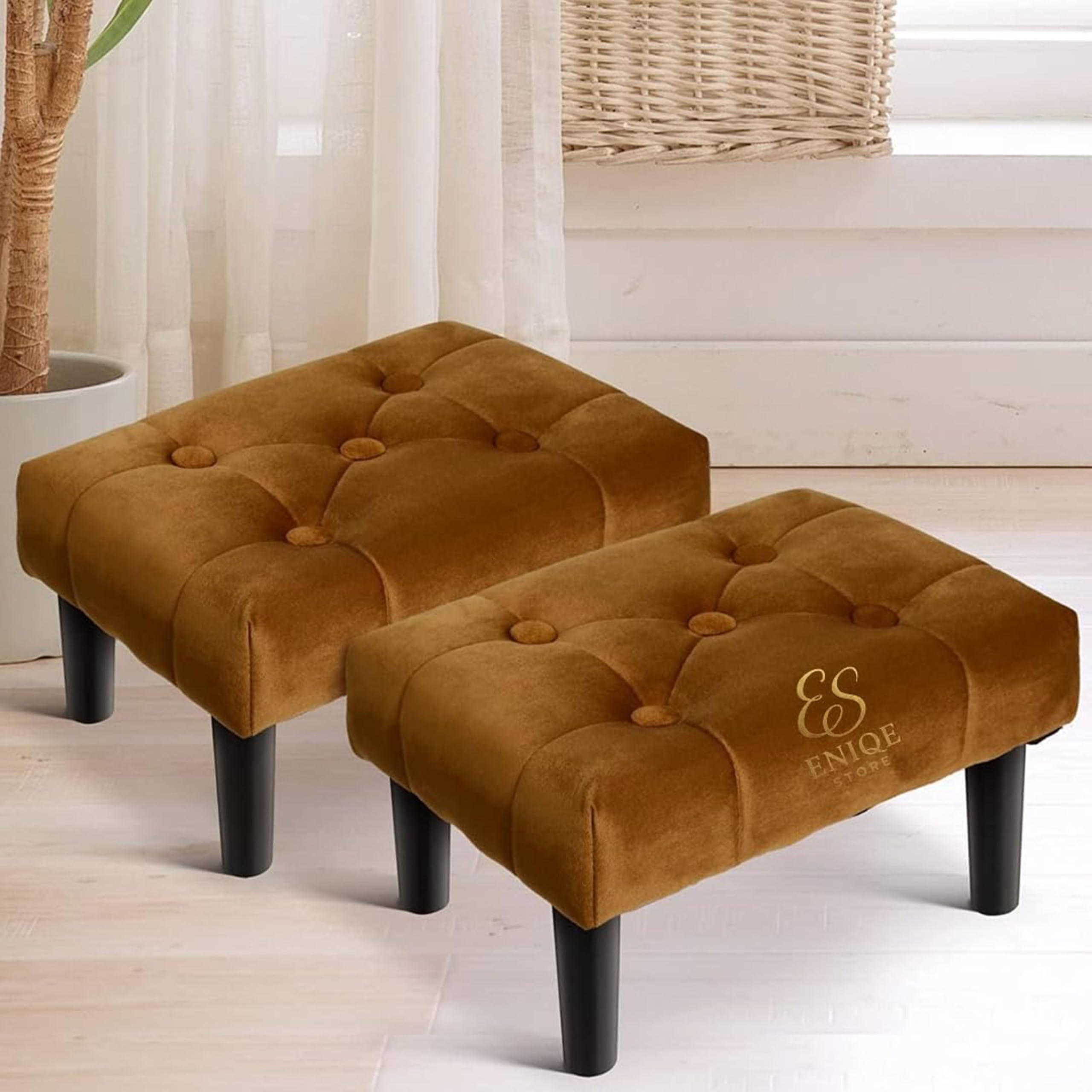 Velvet Footrest Ottoman Stool Set of 2 – Padded Small Bench with Wooden Legs, Modern Pouffe for Living Room, Bedroom & Office – Multipurpose Foot Stool B (Brown)-image-30