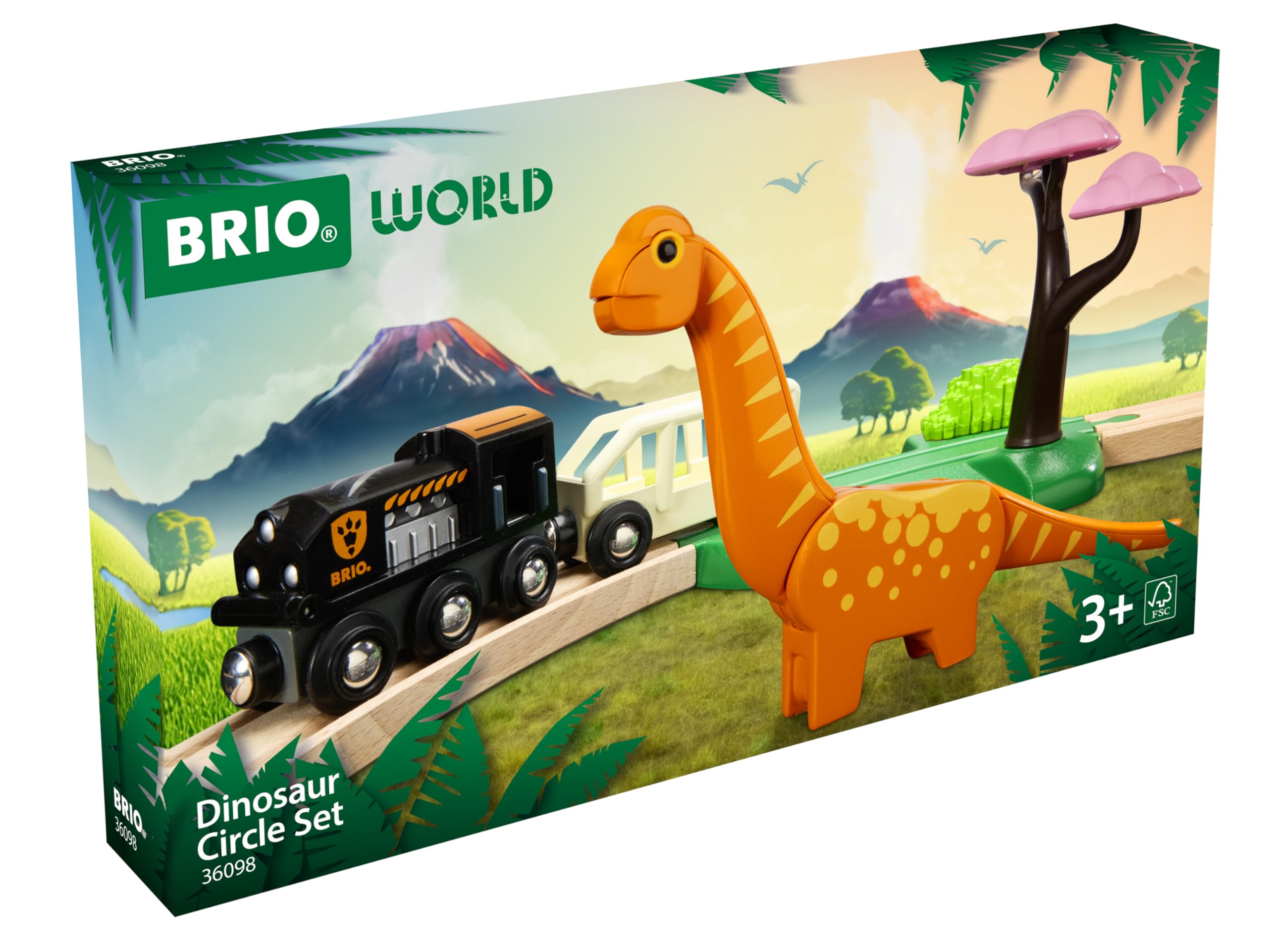 BRIO World - 36098 - Circuit Dinosaure - Coffret Complet 12 pièces - Action de Jeu sans Pile - Dinosaure Inclus - Circuit de Train en Bois - Jouet Mixte à partir de 3 Ans