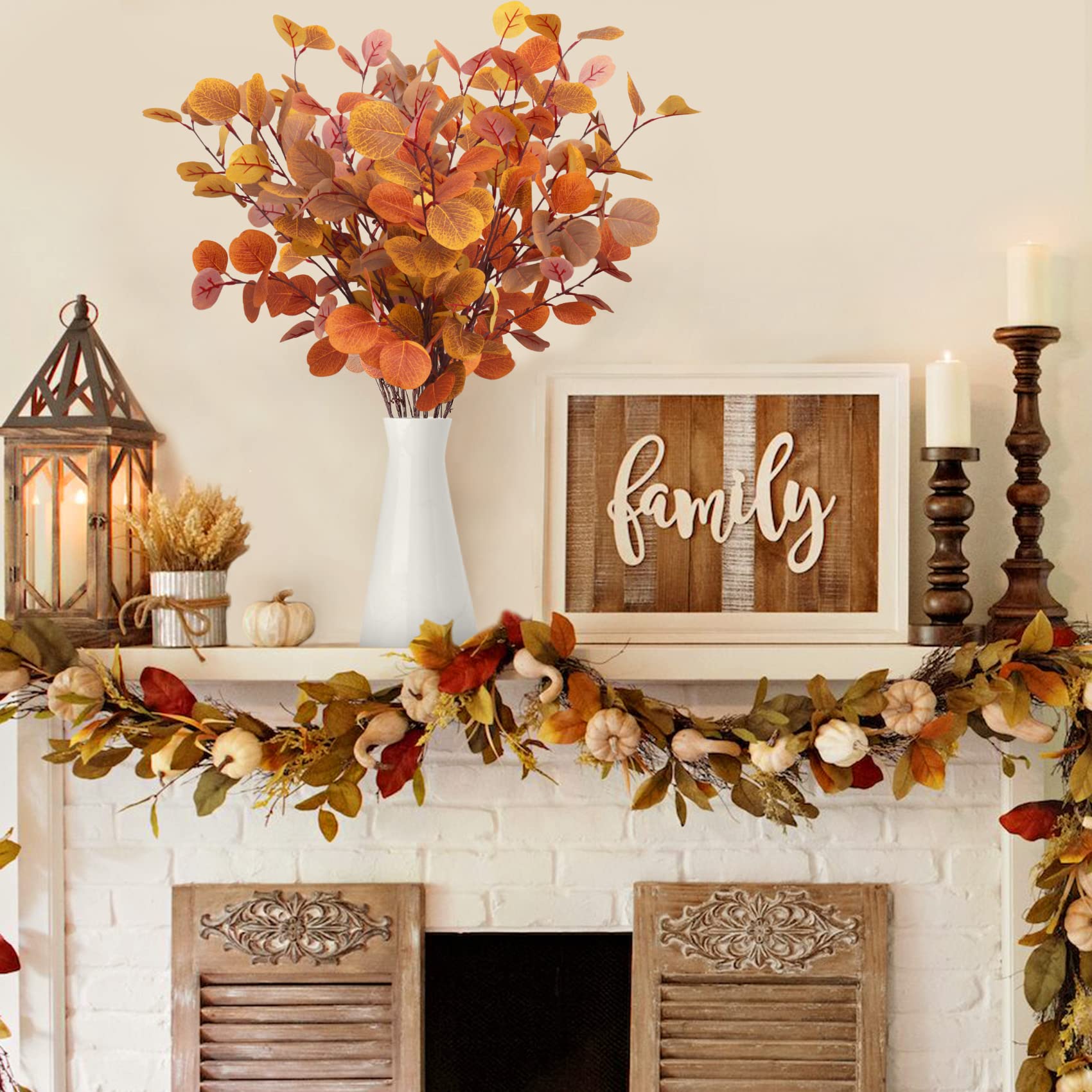 CandyHome 8 Pcs Fall Eucalyptus Stems Decorations 35.4"/90cm Tall Fall Flowers with Artificial Eucalyptus Leaves for Autumn Thanksgiving Home Farmhouse Room Kitchen Floral Arrangements Indoor Outdoor