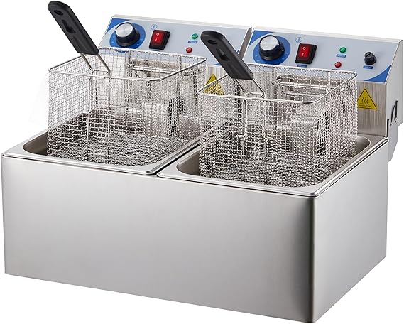 PULLAFUN Electric Deep Fryer, 10 L x 2 Deep Fryer with Basket, Adjustable Temperature Control, Perfect for Fried Chicken, Shrimp, French Fries, Chips & More, Removable Oil-Container, Stainless Steel