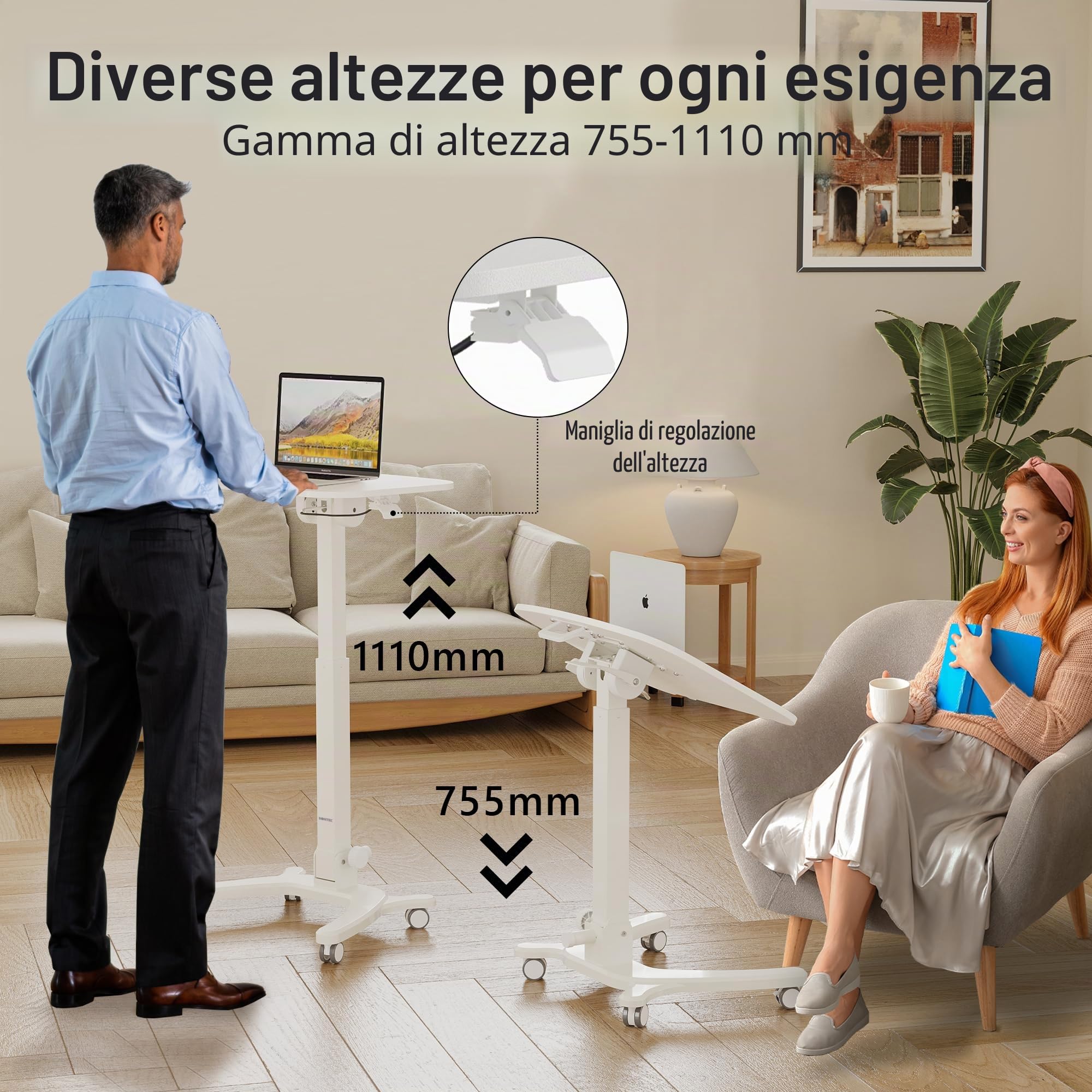 BONTEC Scrivania Pieghevole Salvaspazio 65x50 cm con Ruote, Scrivania Regolabile in Altezza 75,5-111 cm, Piano Regolabile a 90°, Tavolino da Letto per PC, Facile da Riporre, Bianco