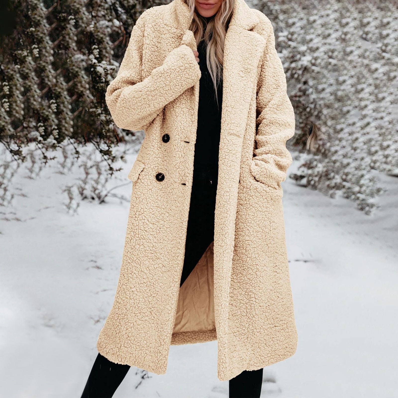 Fleecejacke Damen Lang Wintermantel Flauschig Plüschjacke Einfarbig | Fleecejacke Damen Ohne Kapuze Plüschmantel Winddicht Teddyfleece Jacke Mit Taschen Flauschjacke Mit Knöpfen Mantel Warm
