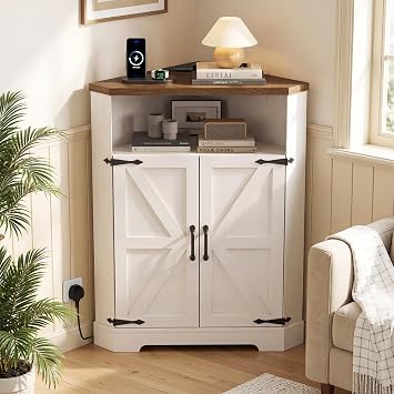 BonVache Corner Cabinet with Power Outlets,3 Tiers Small Storage Cabinet with Adjustable Shelves and Barn Doors, Freestanding Wooden Storage Hutch Cupboard for Living room, Kitchen, Living Room