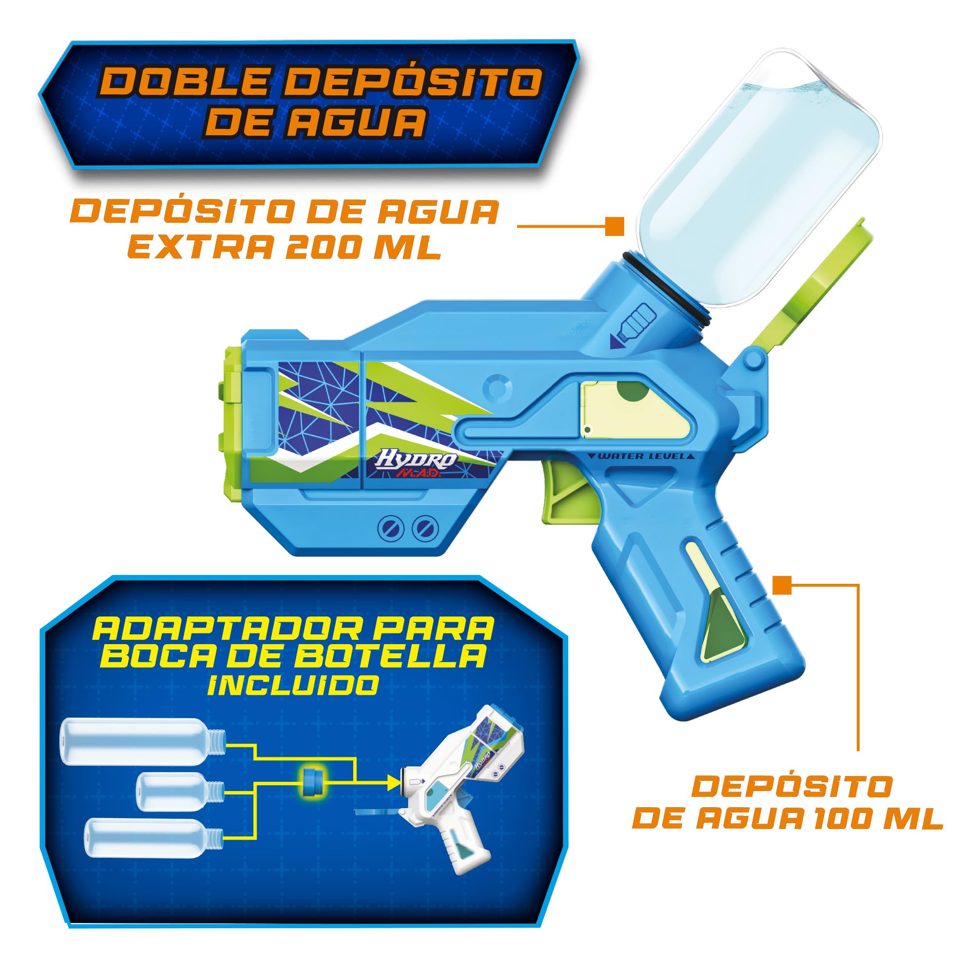 Bizak Hydro M.A.D. Mini elektroniczny blaster, pistolet na wodę z zasięgiem do 5 m, zabawka do zabawy na świeżym powietrzu, dla chłopców i dziewcząt w wieku 8 lat, (62001153)