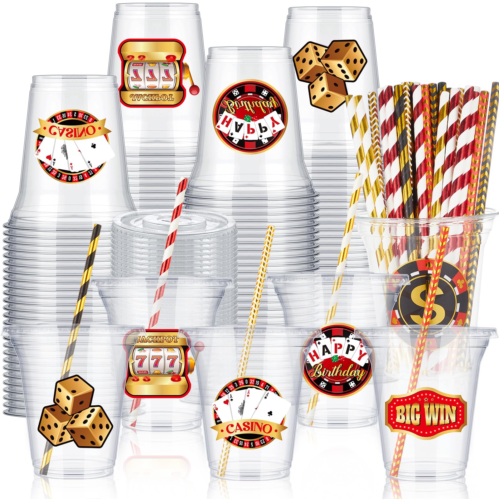 Boao 36 Sets Casino Party Cups with Lids and Paper Straws 14 oz Poker Birthday Party Supplies Favors Decorations Disposable Clear Plastic Cups for Casino Theme Birthday Wedding Decorations