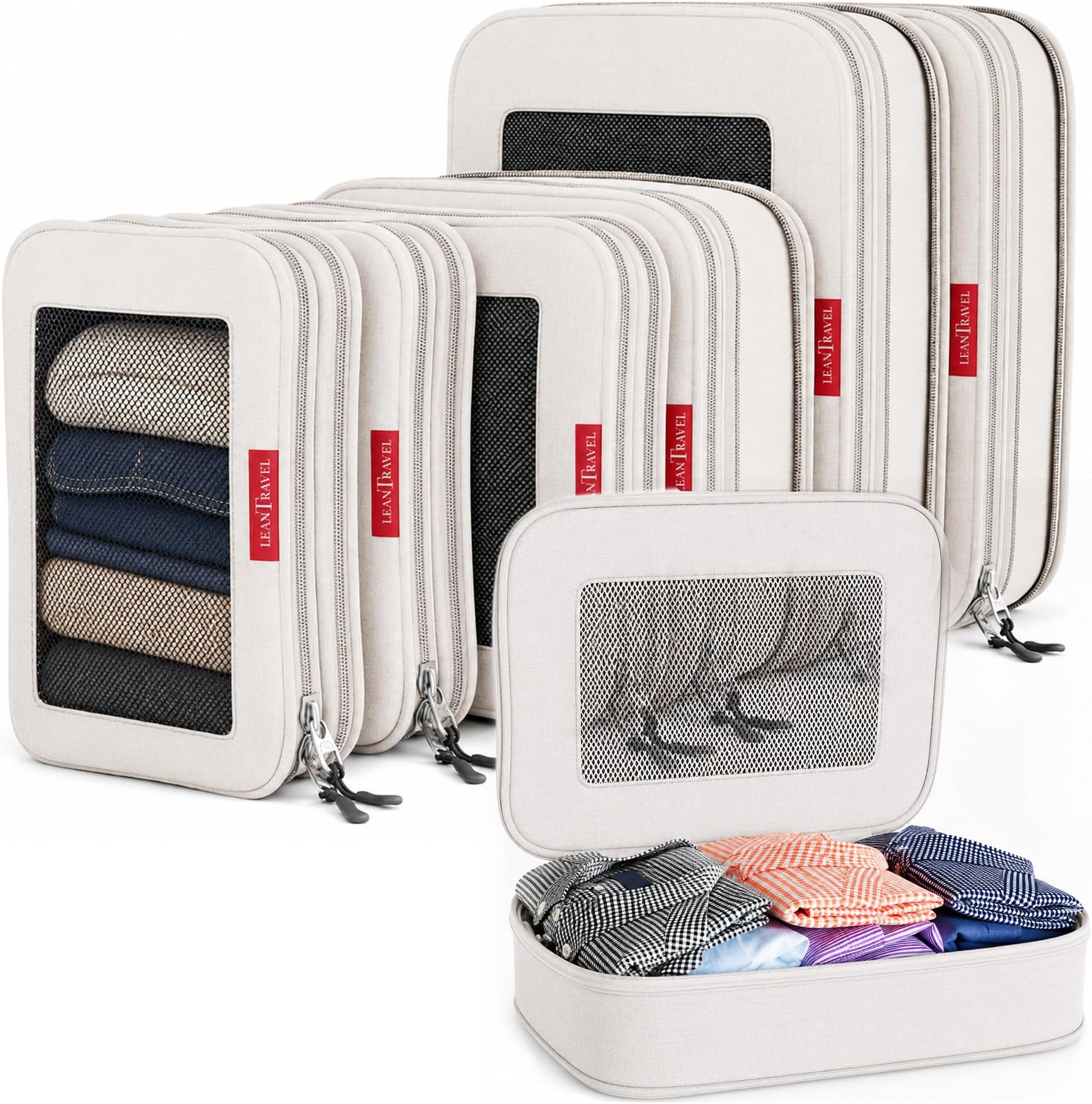 LeanTravel Compression Packing Cubes for Travel Organizers with Double Zipper (6-Pack (2L+2M+2S), Sand)