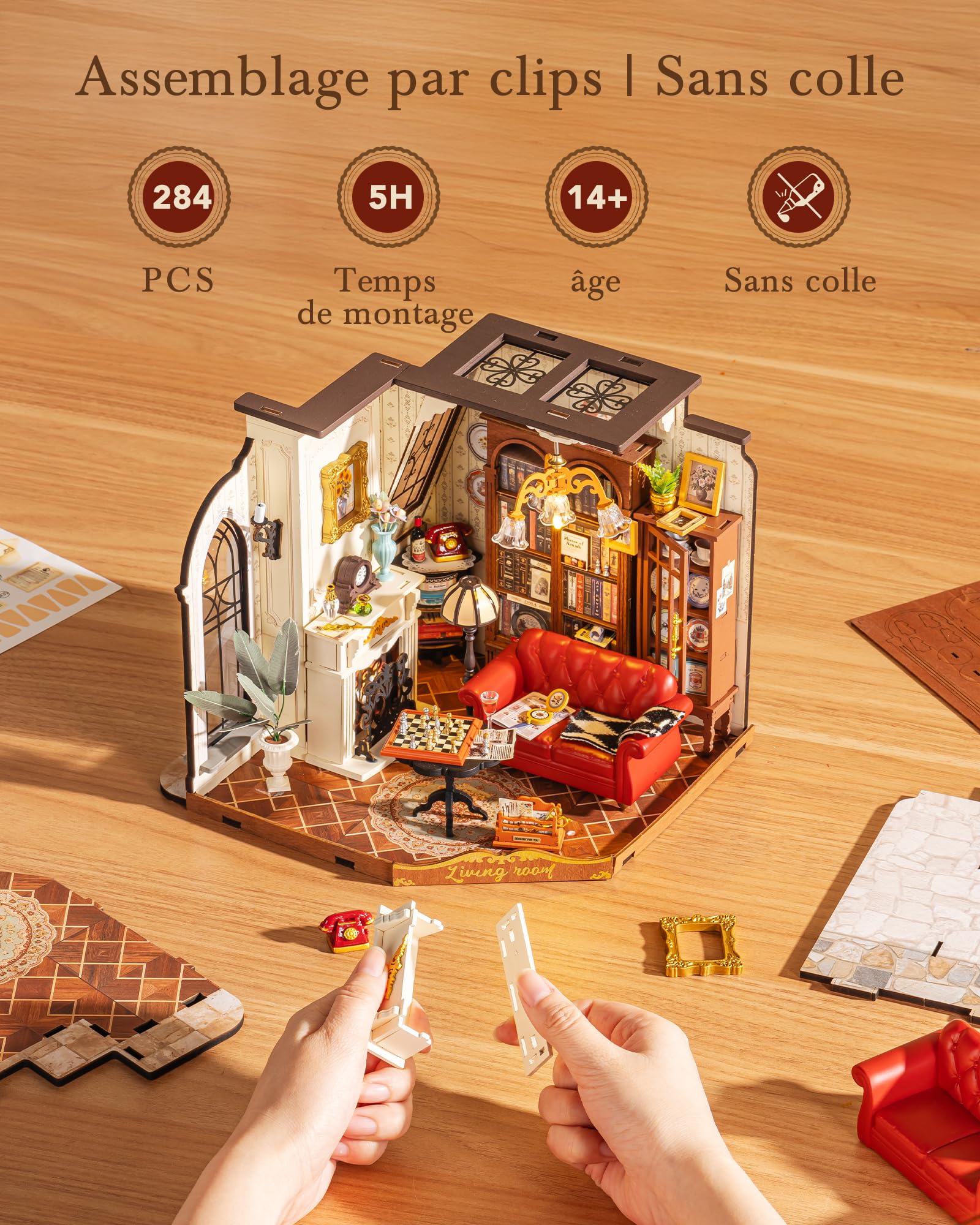 Rolife Maison Miniature Le Salon Vintage de Catherine, 284 pièces Maquette Maison 3D Puzzle Maison de Poupée en Bois 3D à Construire Book Nook pour Adultes et Adolescents Pas de Colle nécessaire